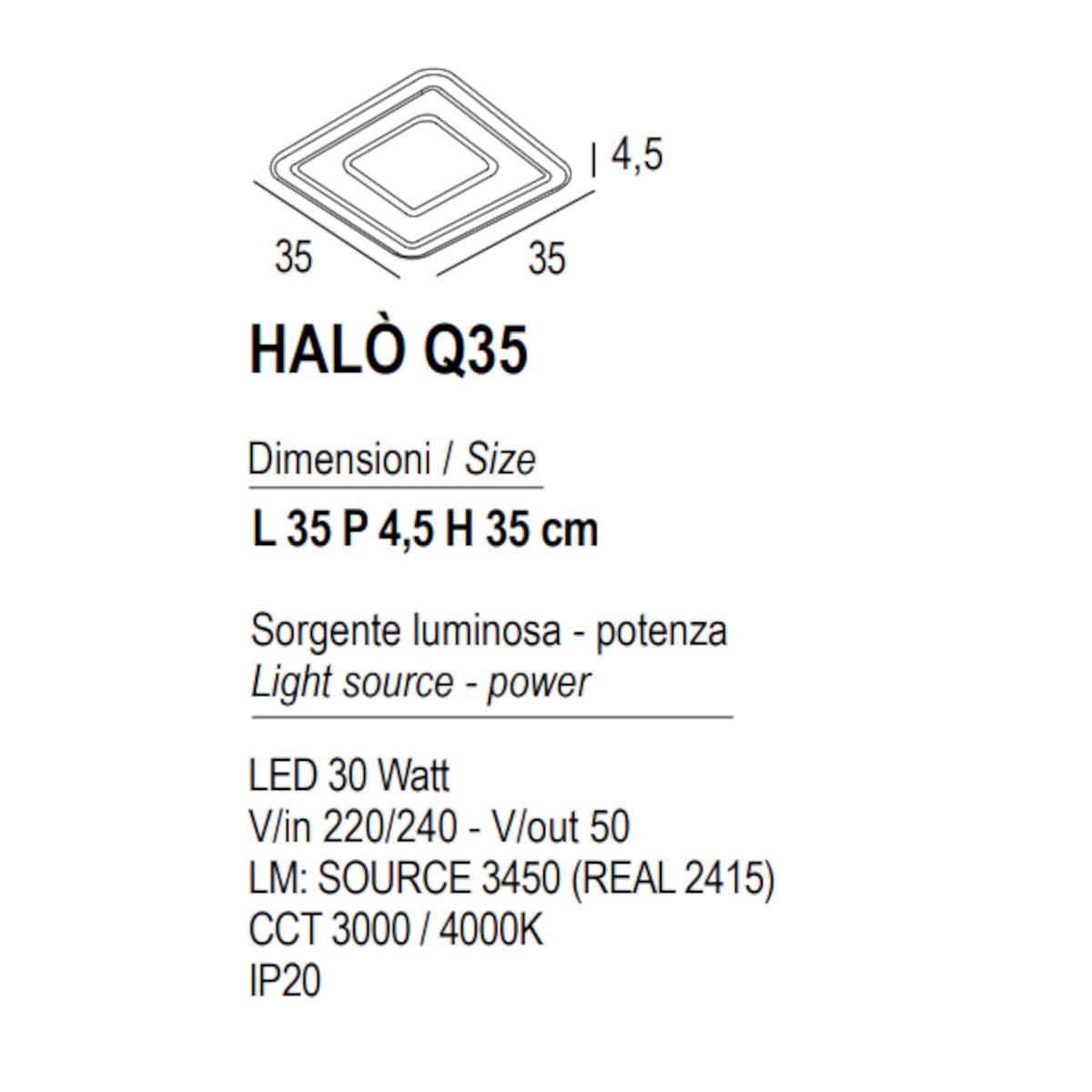 Plafoniera moderna Promoingross HALO Q35 FULL LED CCT 35x35 metallo metacrilato - 18
