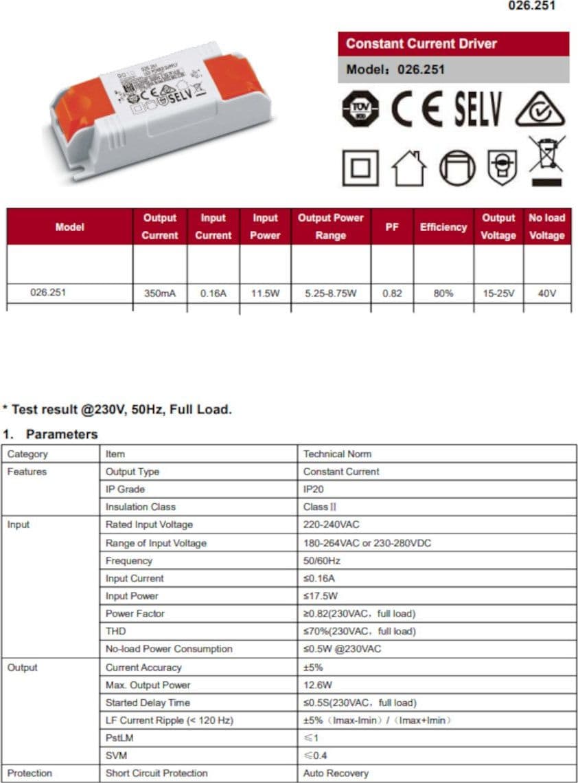Alimentatore Belfiore 9010 026.251 trasformatore DRIVER ON/OFF min6W max8,8W 350mA - 2