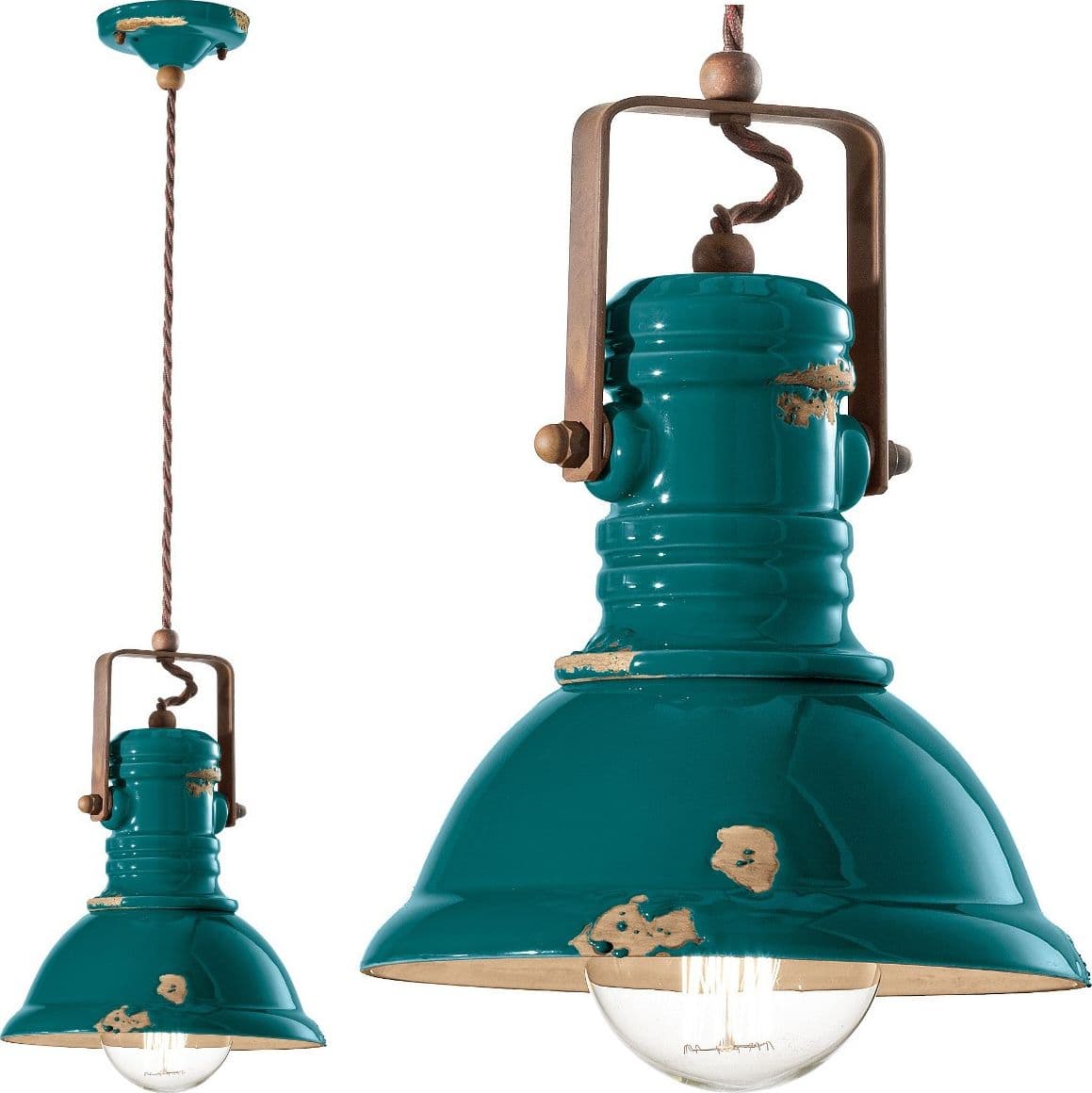 Lampadario rustico Ferroluce Retrò INDUSTRIAL C1691 E27 LED ceramica sospensione – Dec. Vintage verde (VIV) – industriale