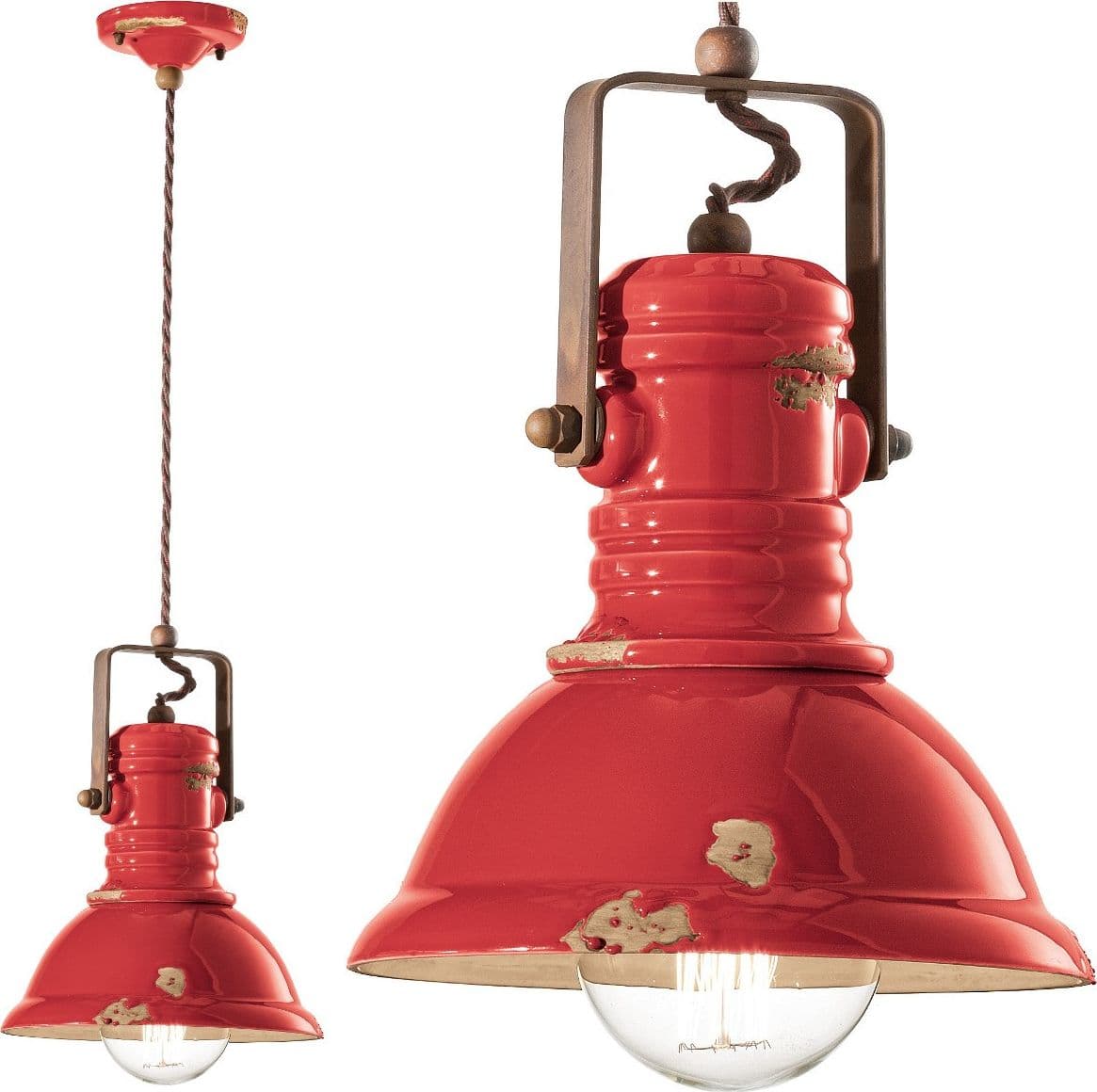 Lampadario rustico Ferroluce Retrò INDUSTRIAL C1691 E27 LED ceramica sospensione – Dec. Vintage rosso (VIR) – rosso