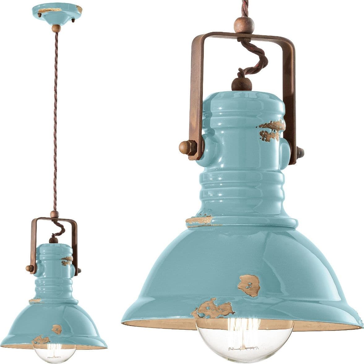 Lampadario rustico Ferroluce Retrò INDUSTRIAL C1691 E27 LED ceramica sospensione – Dec. Vintage azzurro (VIA) – industriale