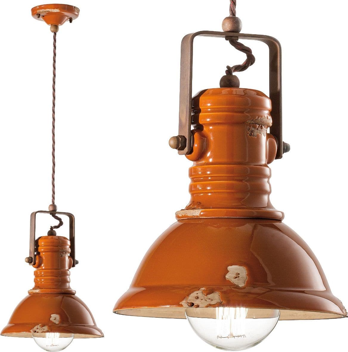 Lampadario rustico Ferroluce Retrò INDUSTRIAL C1691 E27 LED ceramica sospensione – Dec. Vintage arancio (VIO) – industriale