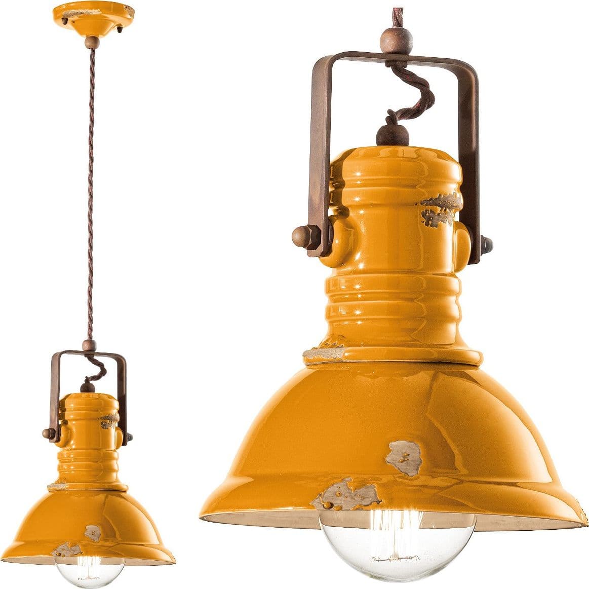 Lampadario rustico Ferroluce Retrò INDUSTRIAL C1691 E27 LED ceramica sospensione – Dec. Vintage giallo (VIG) – industriale