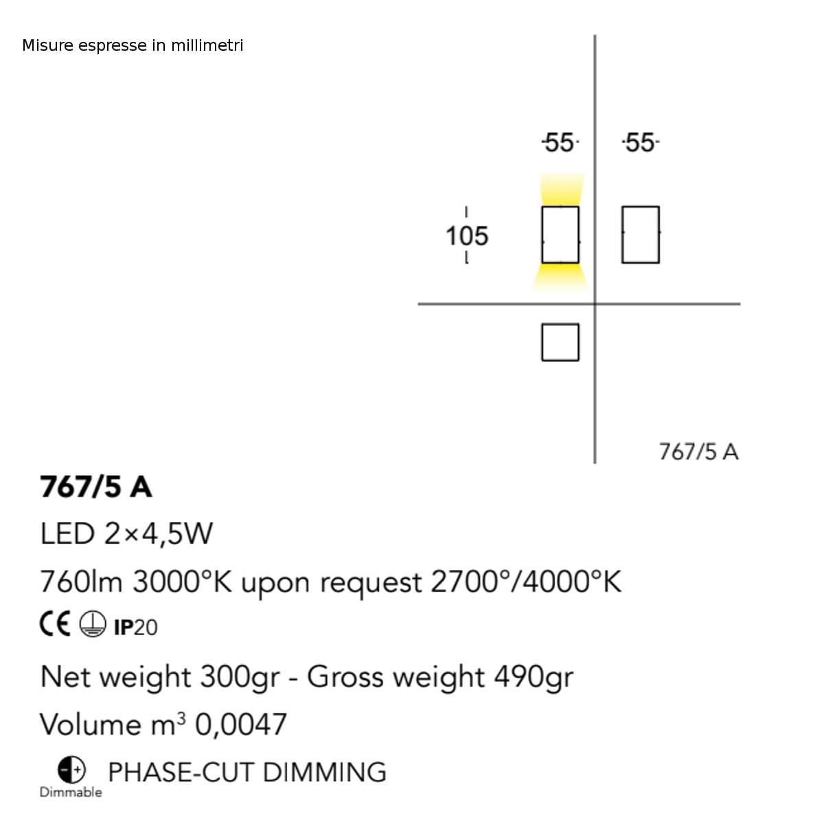 Applique moderno Cattaneo illuminazione CUBICK 767 5A LED biemissione dimmerabile - 9