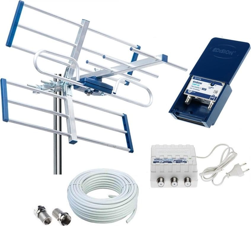 Kit Mini Antenna Tv Esterna Digitale Terrestre Completo di Amplificatore Di Segnale Da Palo 25dB e Cavo - 6