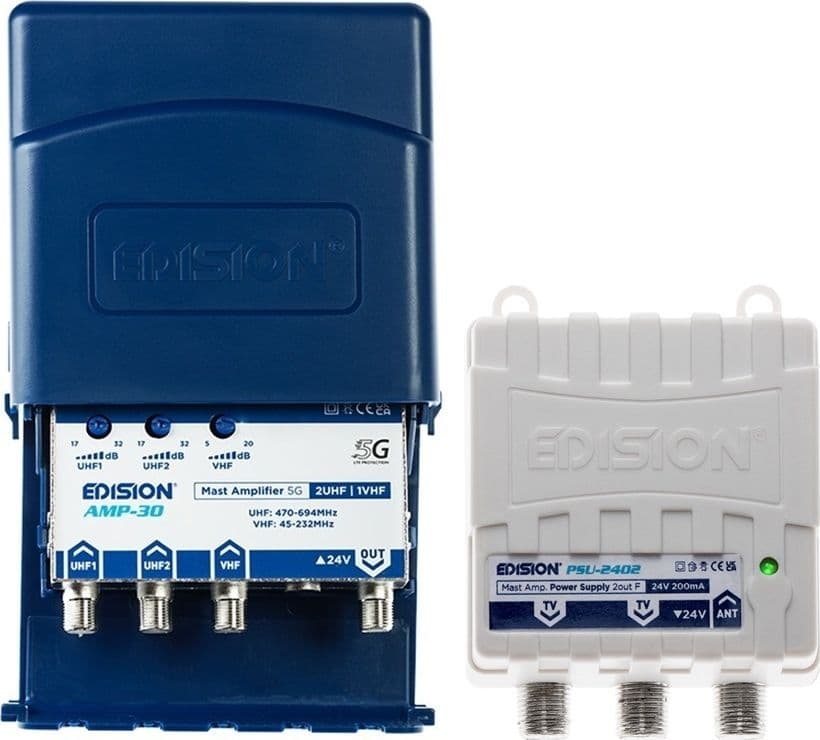 Amplificatore di Segnale Antenna Tv Da Palo 2 Ingressi UHF 1 ingresso VHF Per Digitale Terrestre Con Filtro LTE 5G e Alimentatore a Due Uscite 32dB  - 9