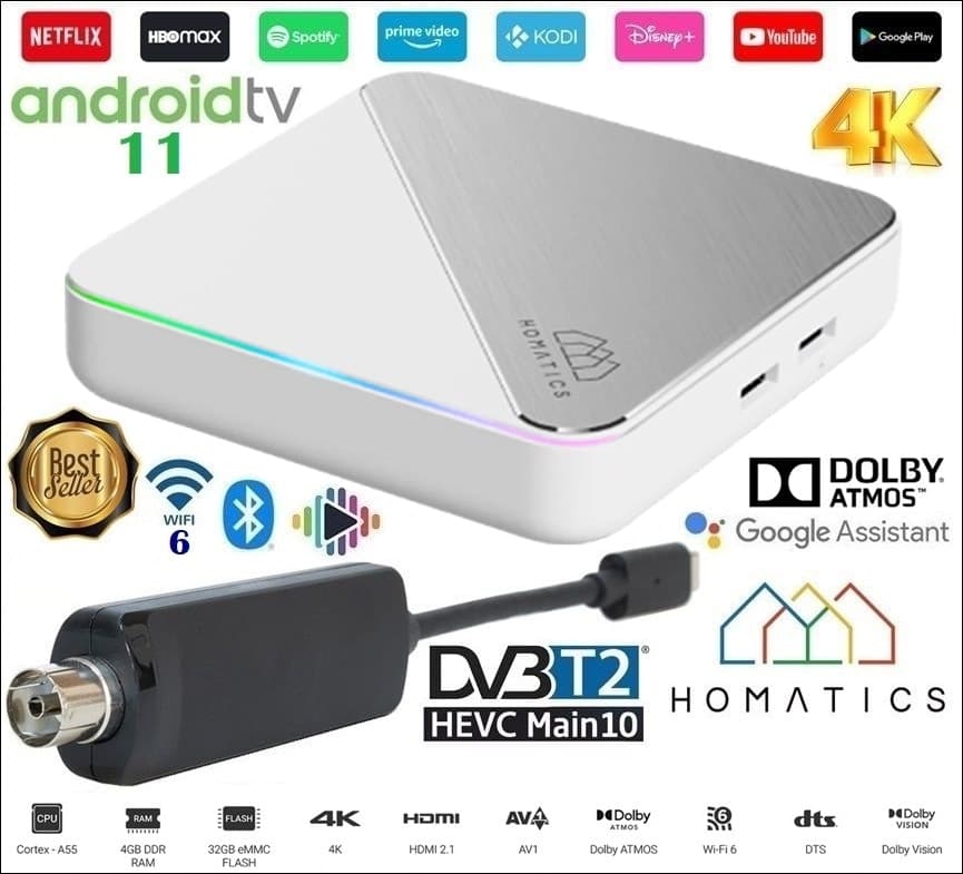 Homatics BOX R PLUS 4K 4/32GB Android TV 11 certificato Google con Dongle USB DVB-T2/C Digitale Terrestre H.265 HEVC 10 bit - 10