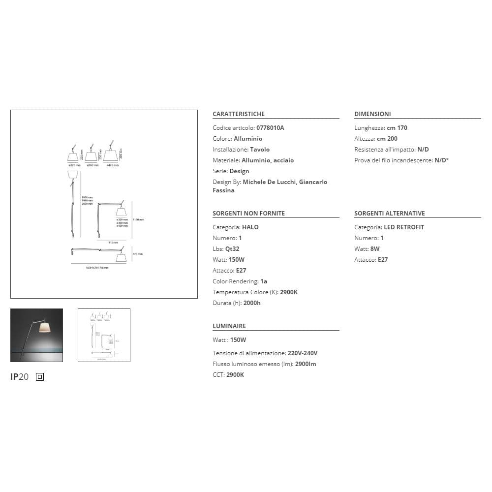 Artemide Tolomeo Mega Alluminio e Pergamena Dimmer con morsetto Lampada da Tavolo - 3