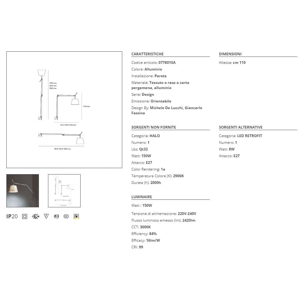 Artemide Tolomeo Mega alluminio e raso Dimmerabile Lampada da Parete - 2