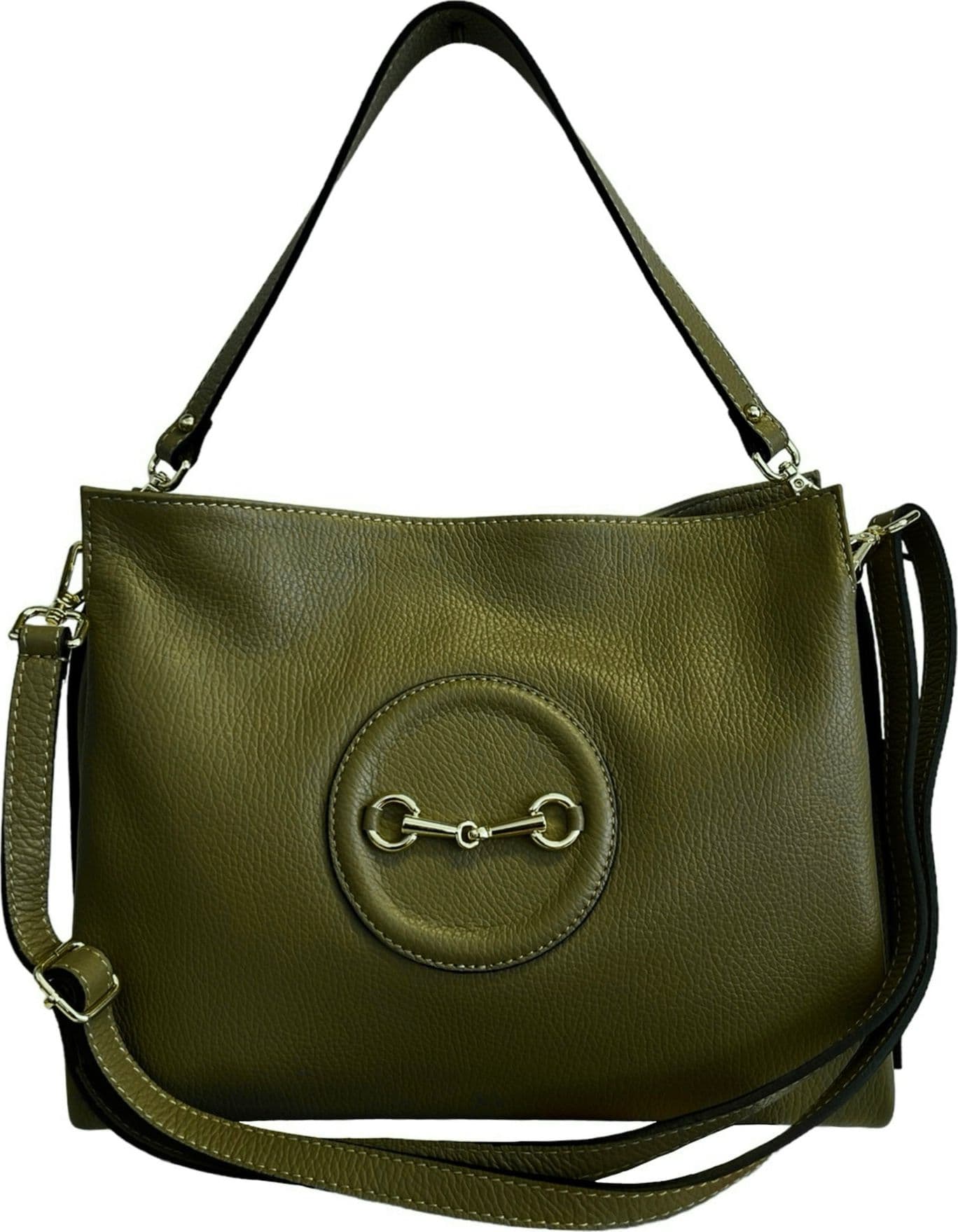 Modarno Borsa donna a tracolla/mano stile Morsetto metallico – Verde Oliva – pelle