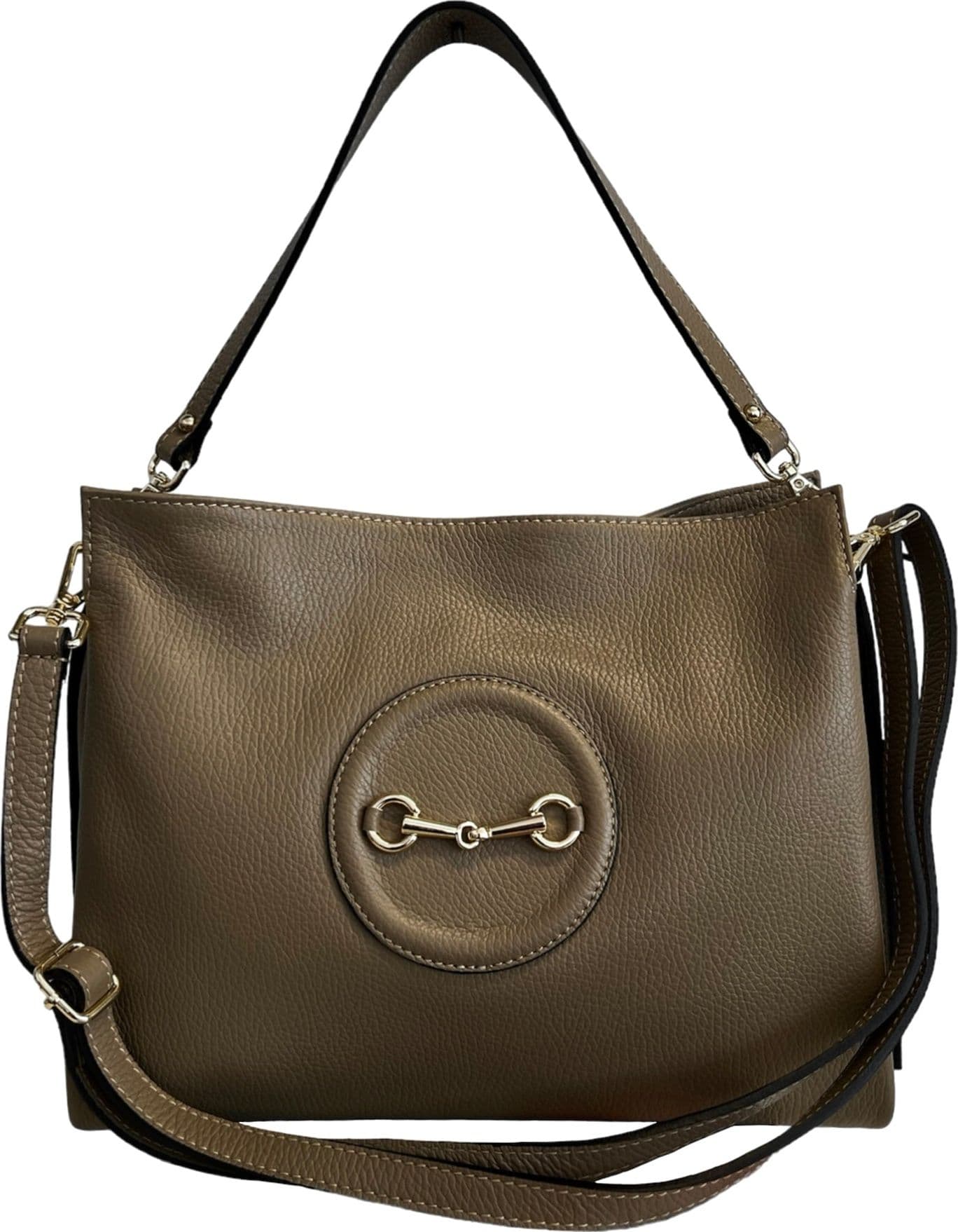 Modarno Borsa donna a tracolla/mano stile Morsetto metallico – Taupe Scuro – pelle