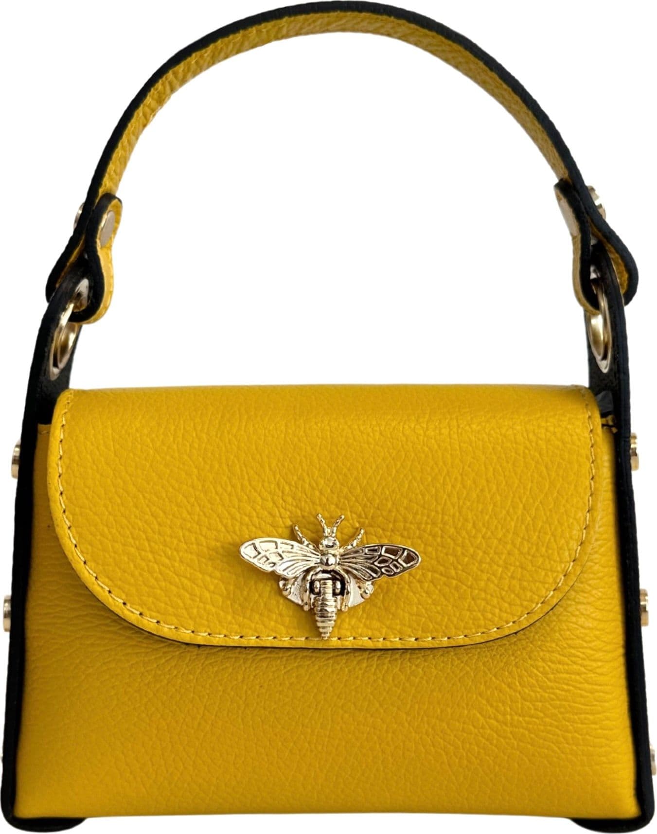 Modarno mini borsa in Vera pelle dollaro con chiusura a moschettone a forma di ape, borchie laterali, catena metallica rimovibile, manico in pelle - 56