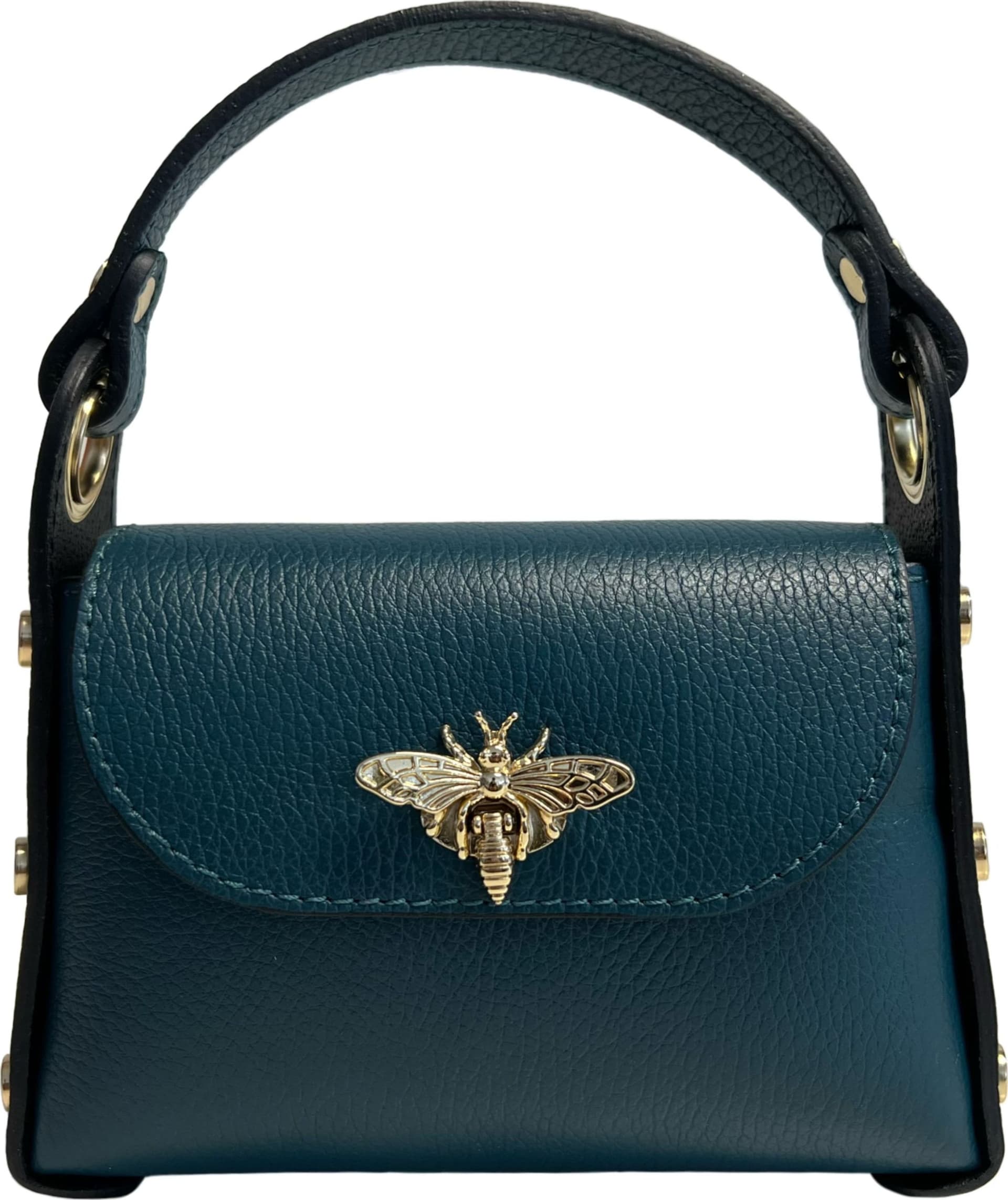 Modarno mini borsa in Vera pelle dollaro con chiusura a moschettone a forma di ape, borchie laterali, catena metallica rimovibile, manico in pelle - 61
