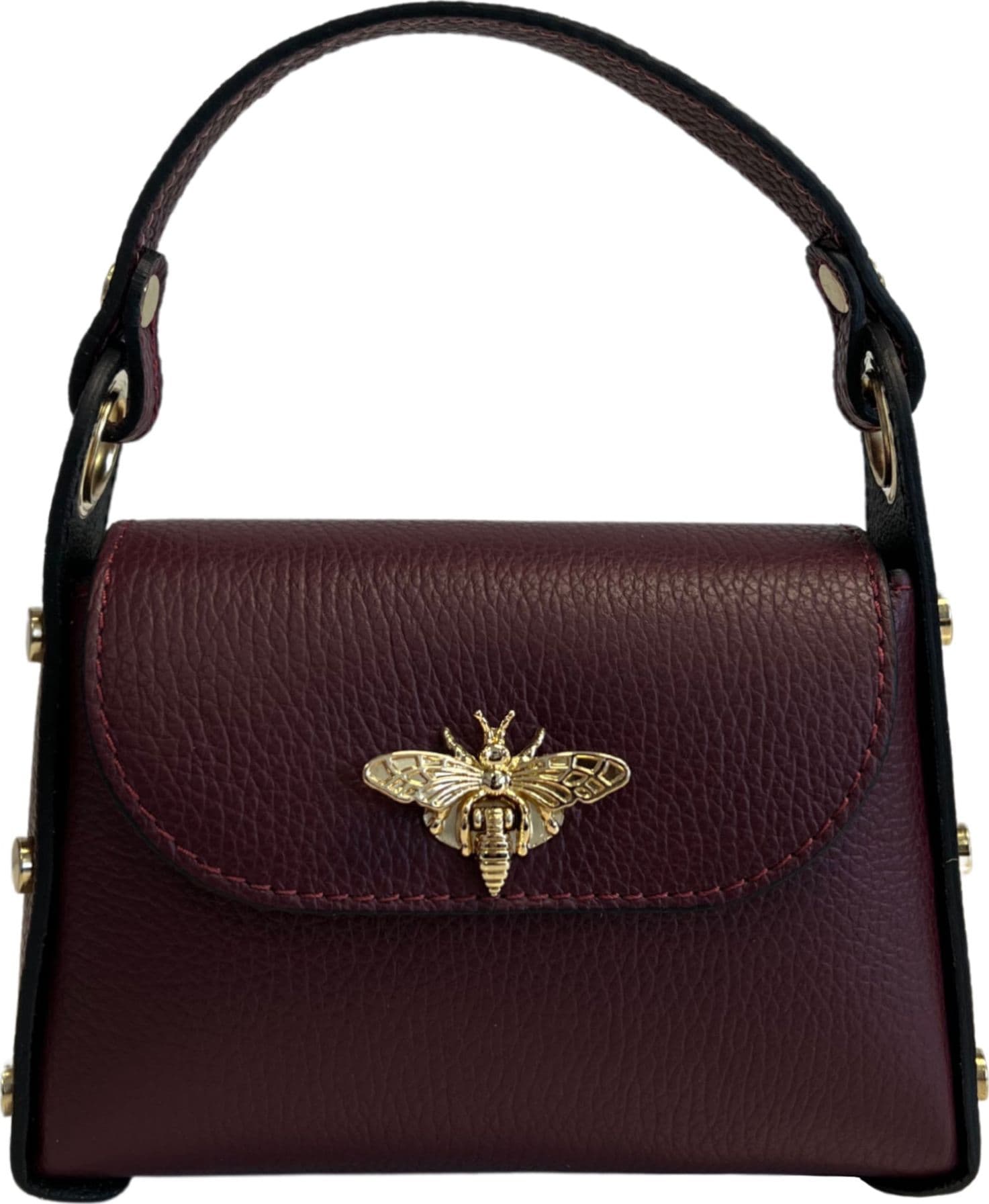 Modarno mini borsa in Vera pelle dollaro con chiusura a moschettone a forma di ape, borchie laterali, catena metallica rimovibile, manico in pelle - 81