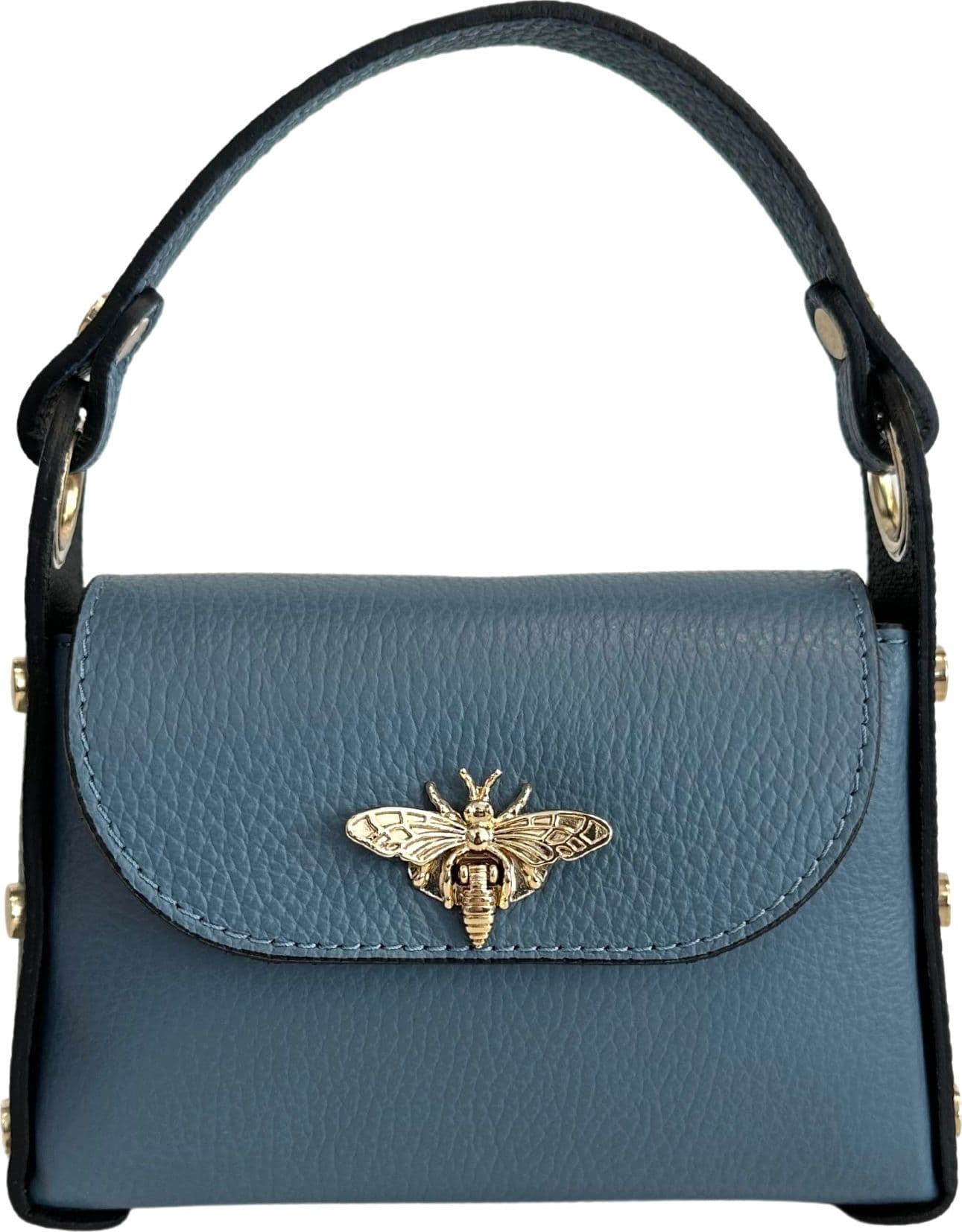 Modarno mini borsa in Vera pelle dollaro con chiusura a moschettone a forma di ape, borchie laterali, catena metallica rimovibile, manico in pelle - 75