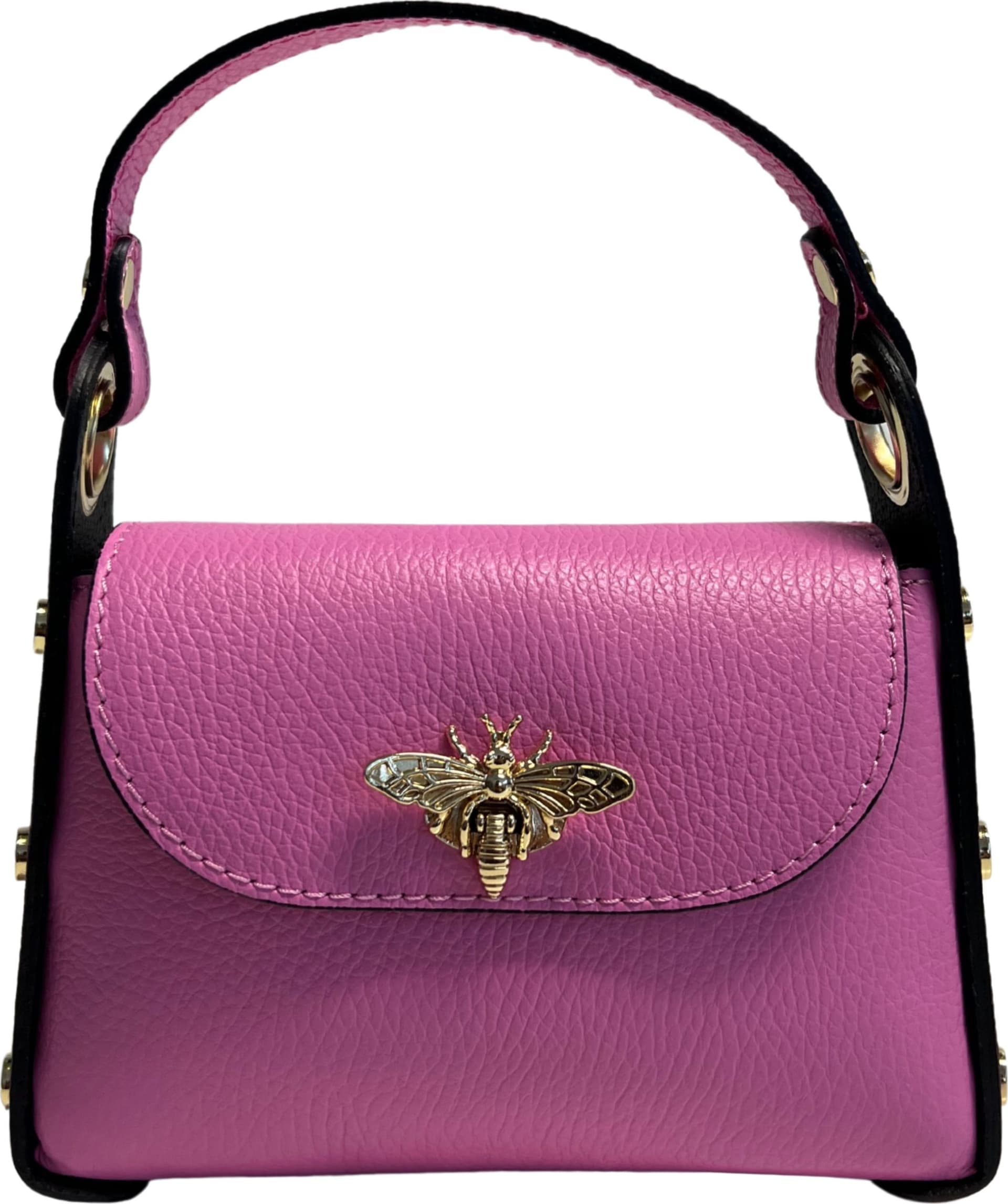 Modarno mini borsa in Vera pelle dollaro con chiusura a moschettone a forma di ape, borchie laterali, catena metallica rimovibile, manico in pelle - 87