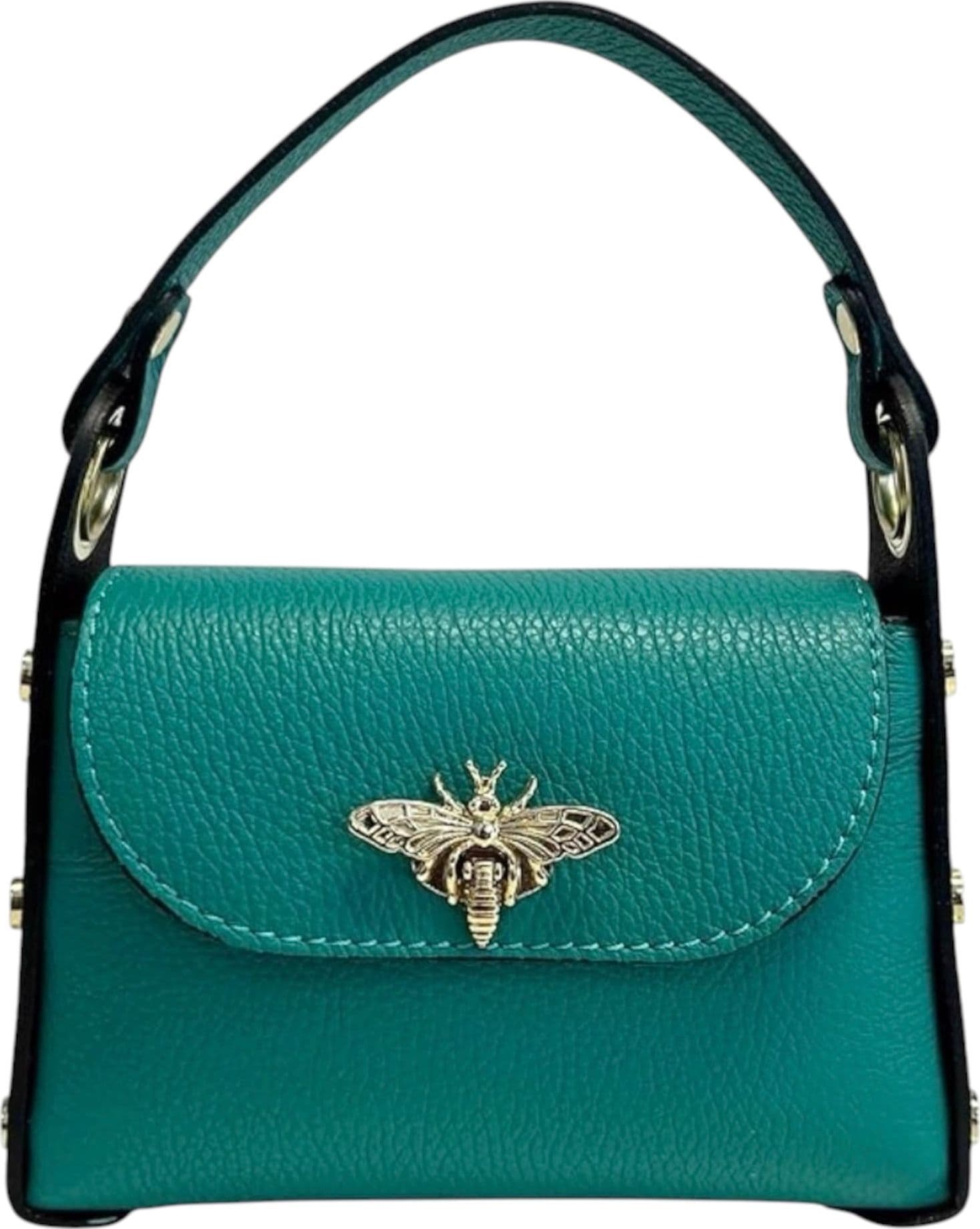 Modarno mini borsa in Vera pelle dollaro con chiusura a moschettone a forma di ape, borchie laterali, catena metallica rimovibile, manico in pelle - 93