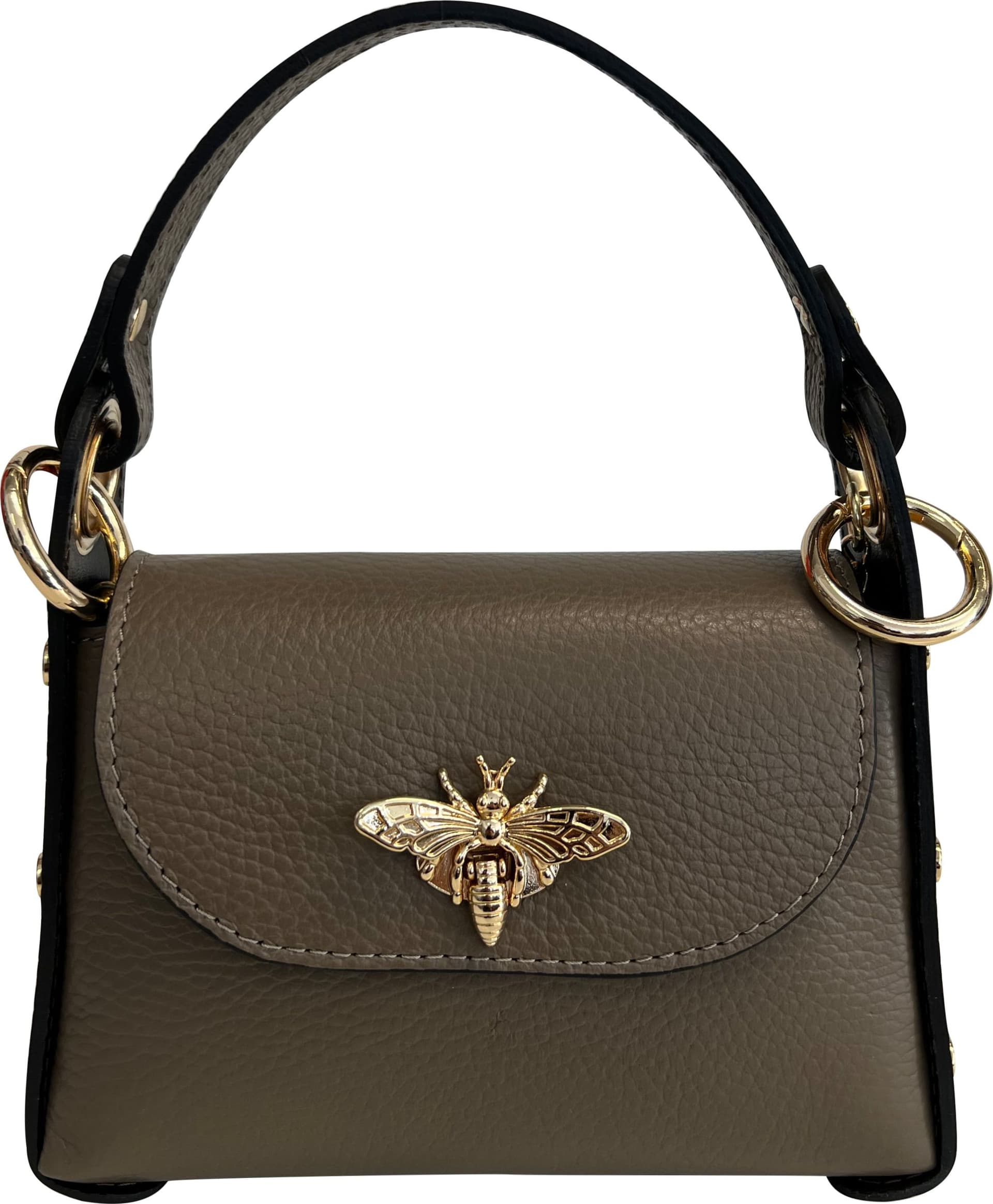 Modarno mini borsa in Vera pelle dollaro con chiusura a moschettone a forma di ape, borchie laterali, catena metallica rimovibile, manico in pelle - 12