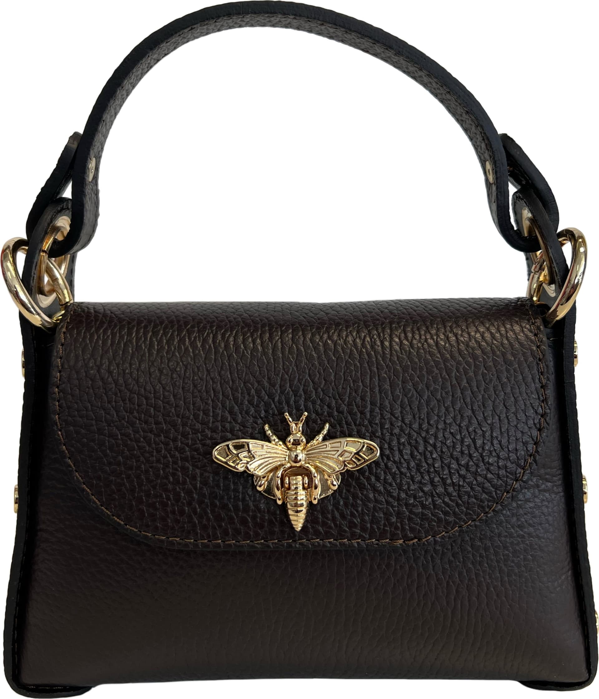 Modarno mini borsa in Vera pelle dollaro con chiusura a moschettone a forma di ape, borchie laterali, catena metallica rimovibile, manico in pelle - 13