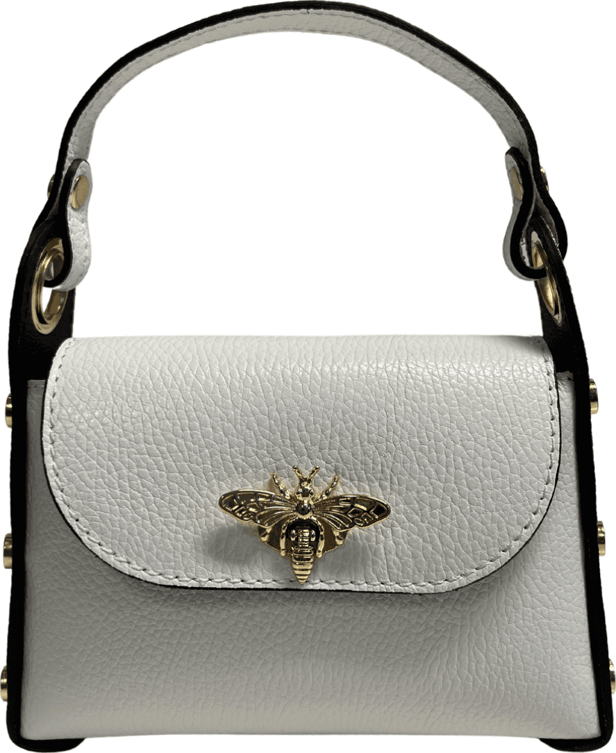 Modarno mini borsa in Vera pelle dollaro con chiusura a moschettone a forma di ape, borchie laterali, catena metallica rimovibile, manico in pelle - 18