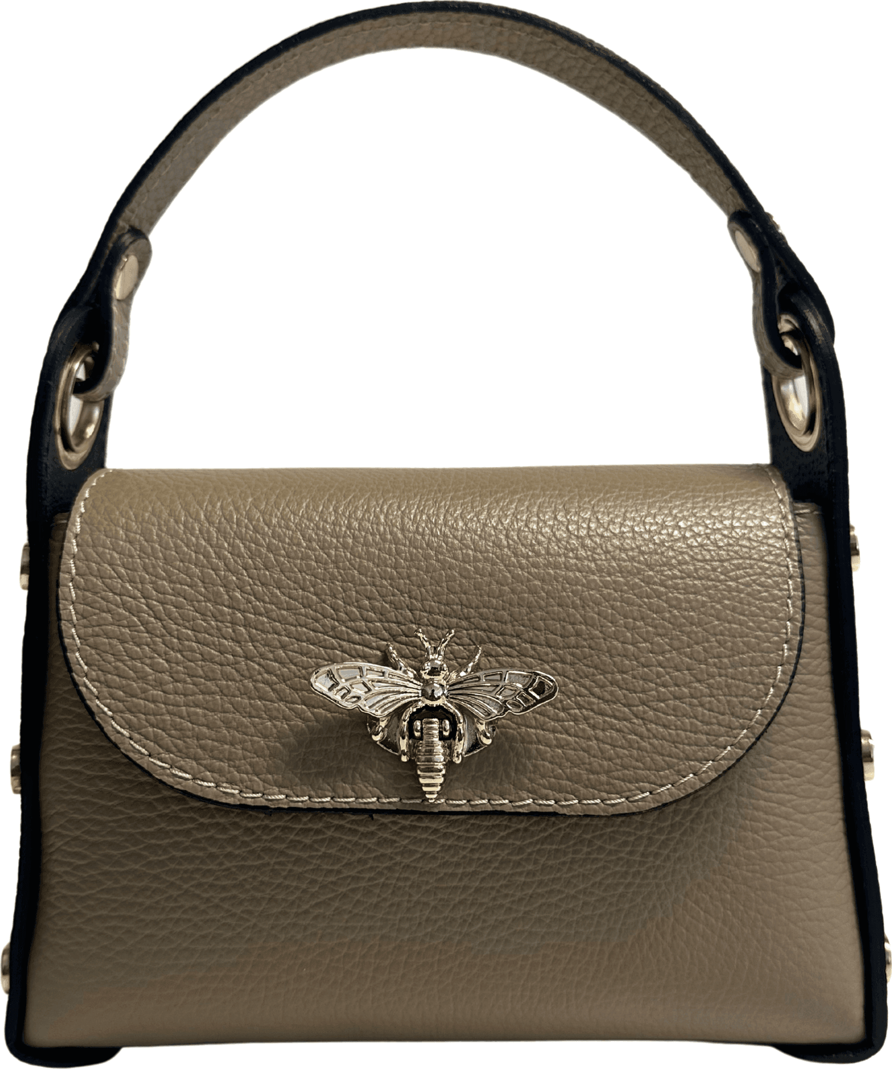 Modarno mini borsa in Vera pelle dollaro con chiusura a moschettone a forma di ape, borchie laterali, catena metallica rimovibile, manico in pelle - 26