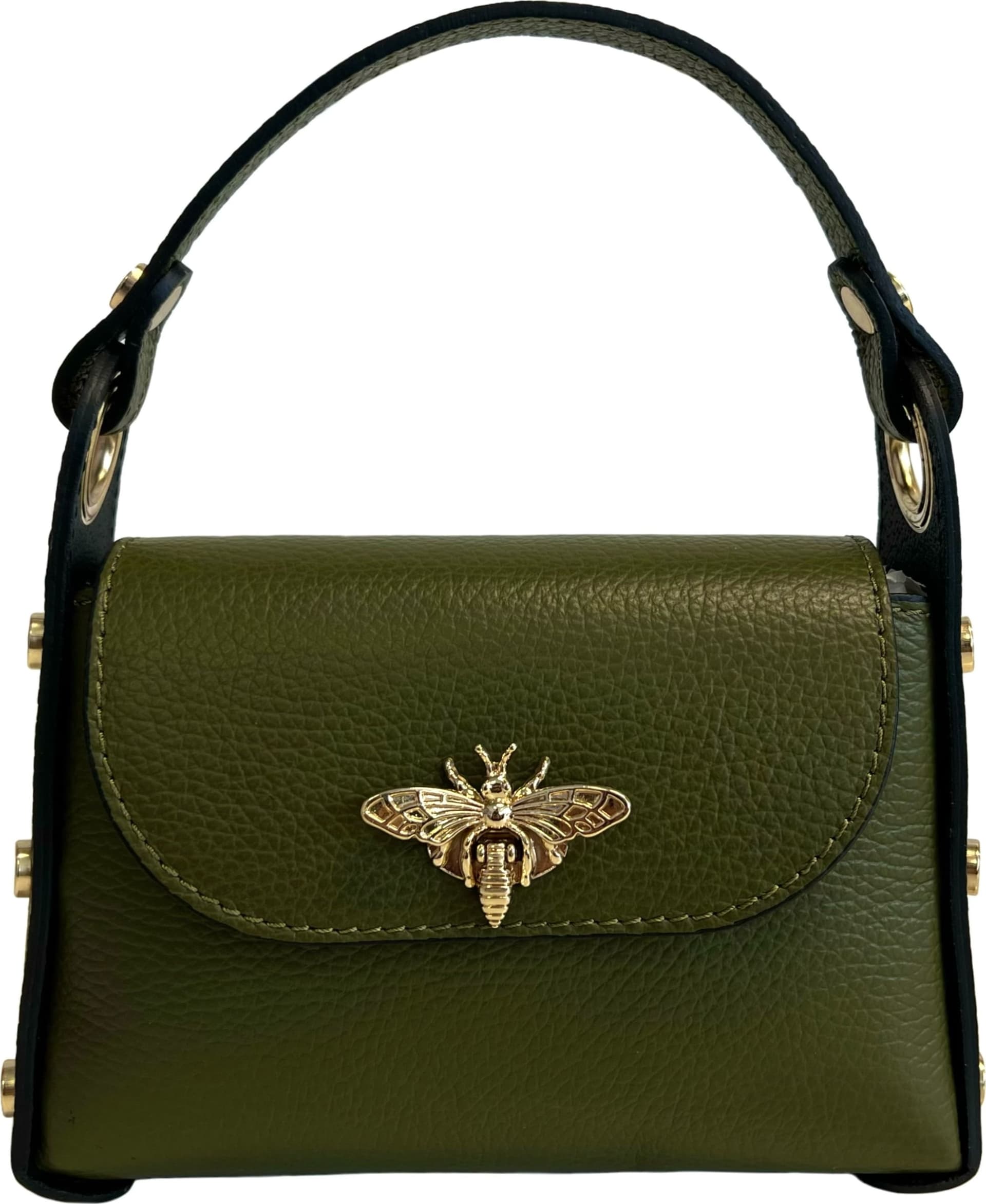 Modarno mini borsa in Vera pelle dollaro con chiusura a moschettone a forma di ape, borchie laterali, catena metallica rimovibile, manico in pelle - 27