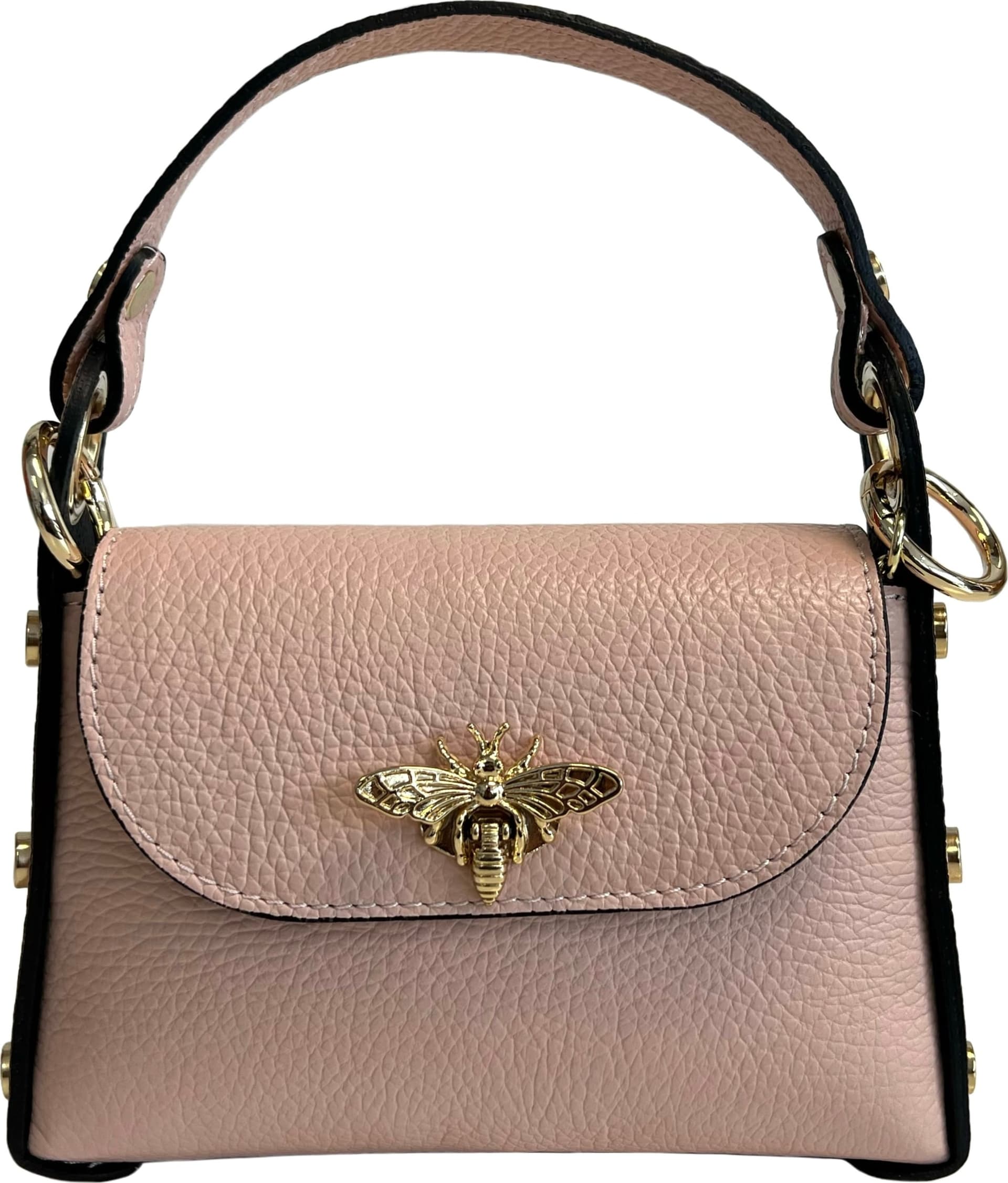 Modarno mini borsa in Vera pelle dollaro con chiusura a moschettone a forma di ape, borchie laterali, catena metallica rimovibile, manico in pelle - 32