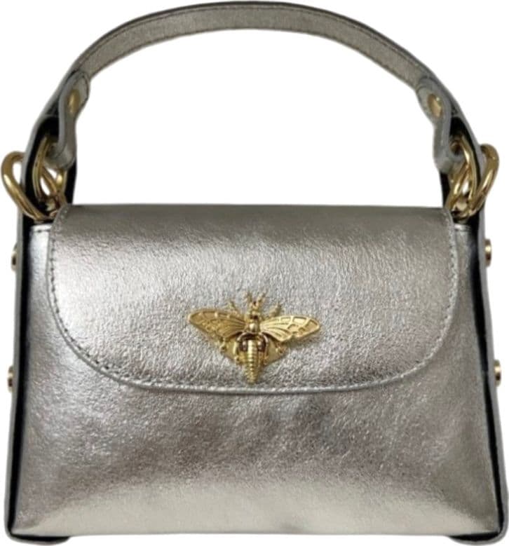 Modarno mini borsa in Vera pelle dollaro con chiusura a moschettone a forma di ape, borchie laterali, catena metallica rimovibile, manico in pelle - 46