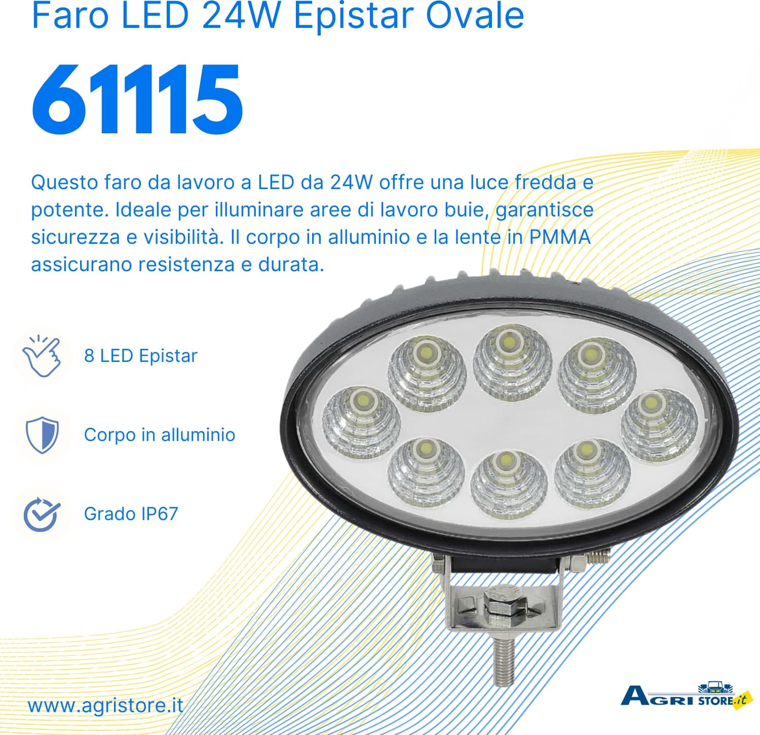 Faro da lavoro 8 LED Epistar ovale a largo raggio freddo 24 W IP67 - 5
