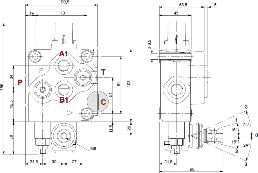 Distributore Walvoil SD5 a 1 leva doppio effetto - 40L - 3