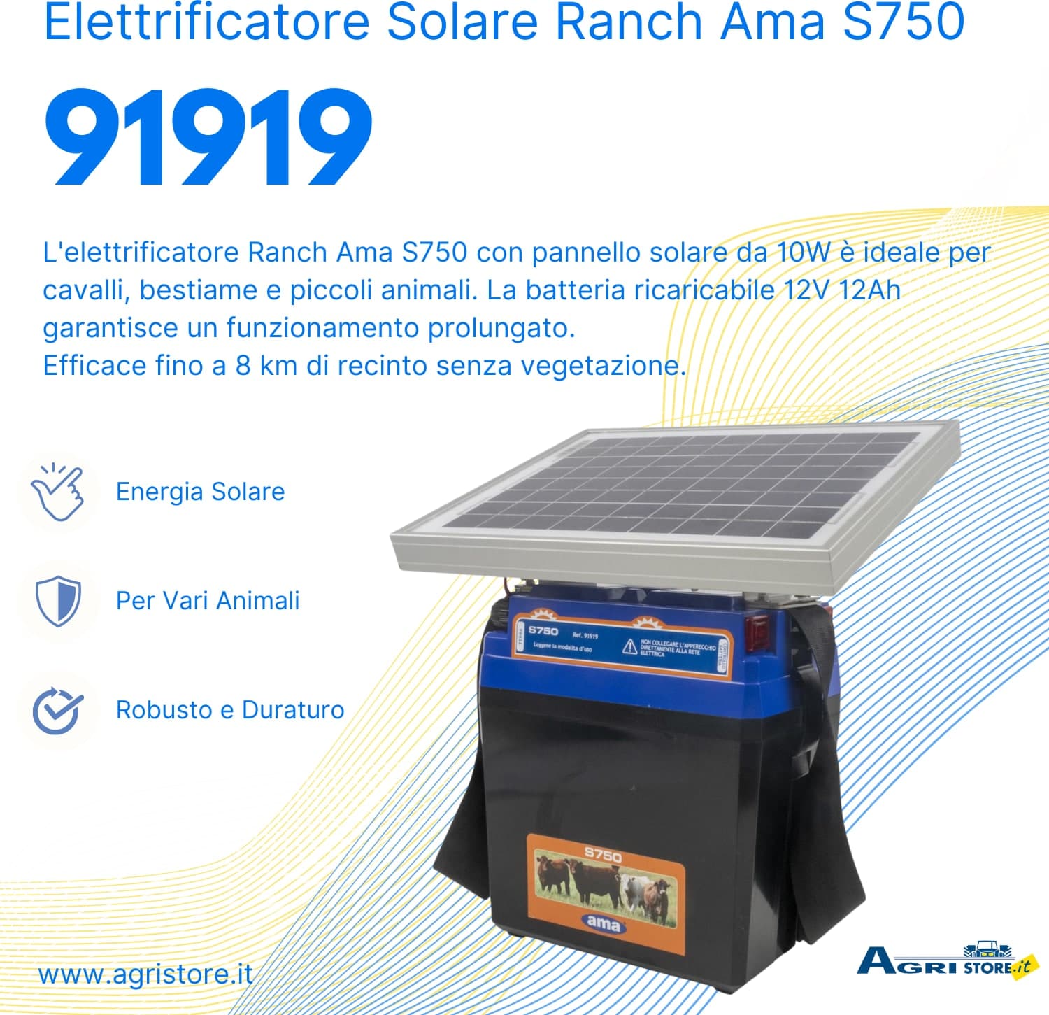 Elettrificatore Ranch Ama S750 a batteria con alimentazione a pannello solare 10W - 6