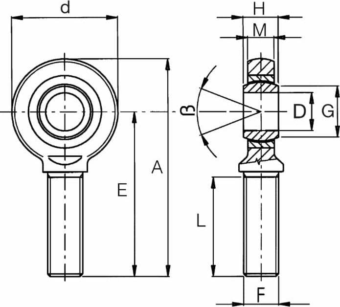 Terminale a snodo maschio per terzo punto Ø 10mm con accoppiamento acciaio su PTFE - 2