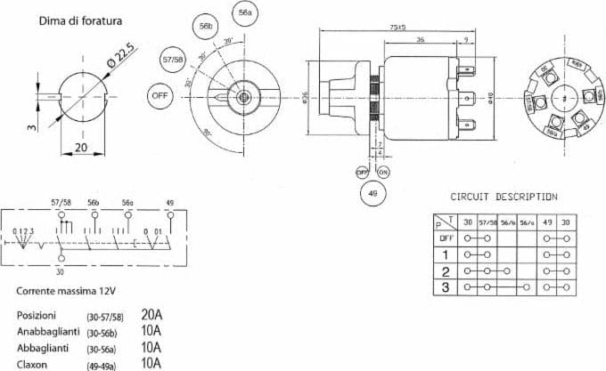 Commutatore luci 12V 4 posizioni con avvisatore acustico dima 40mm - 5