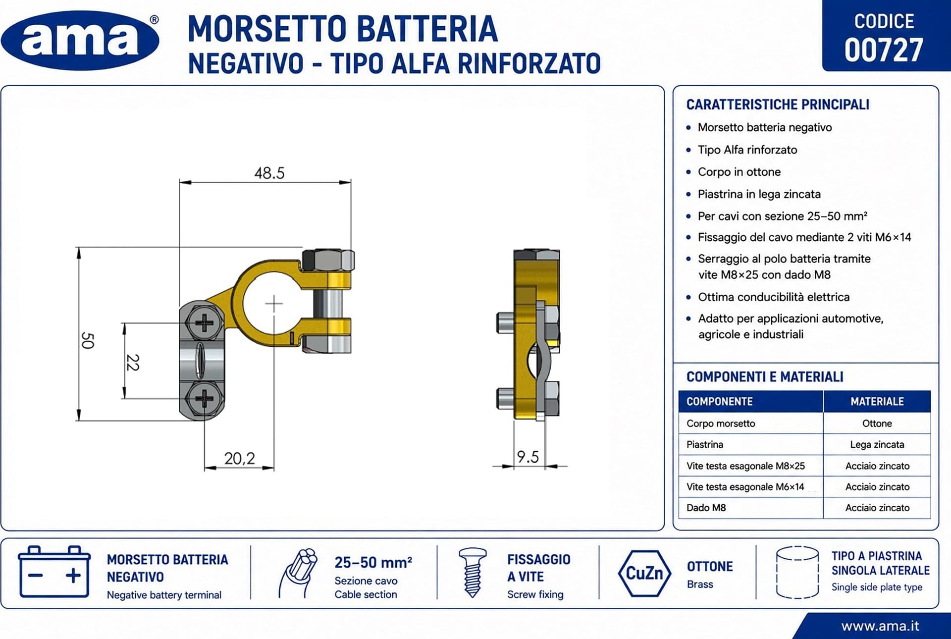 Morsetto Batteria Ottone Negativo Cavo 25-50mm² confezione da 15 pezzi - 2