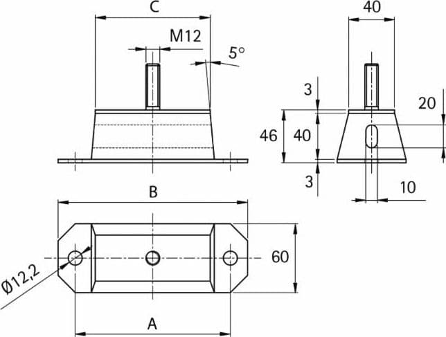 Supporto antivibrante rettangolare Ama 50x40 mm con perno M12 - 2