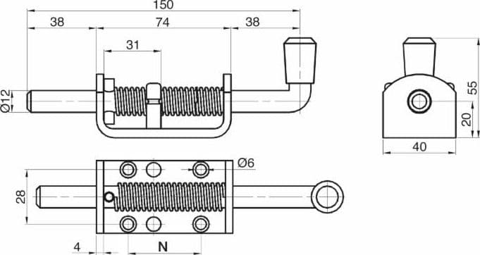 Perno a molla in acciaio inox con il diametro del perno Ø 12mm e base di fissaggio 74x40mm - 2