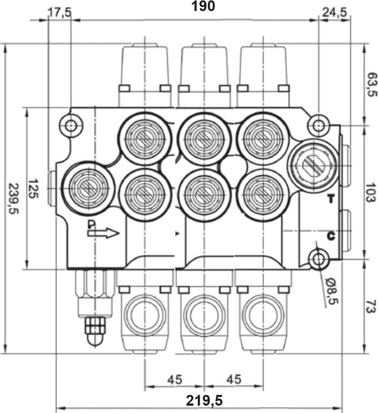 Distributore idraulico da 1/2" a 3 leve doppio effetto 80L - 5