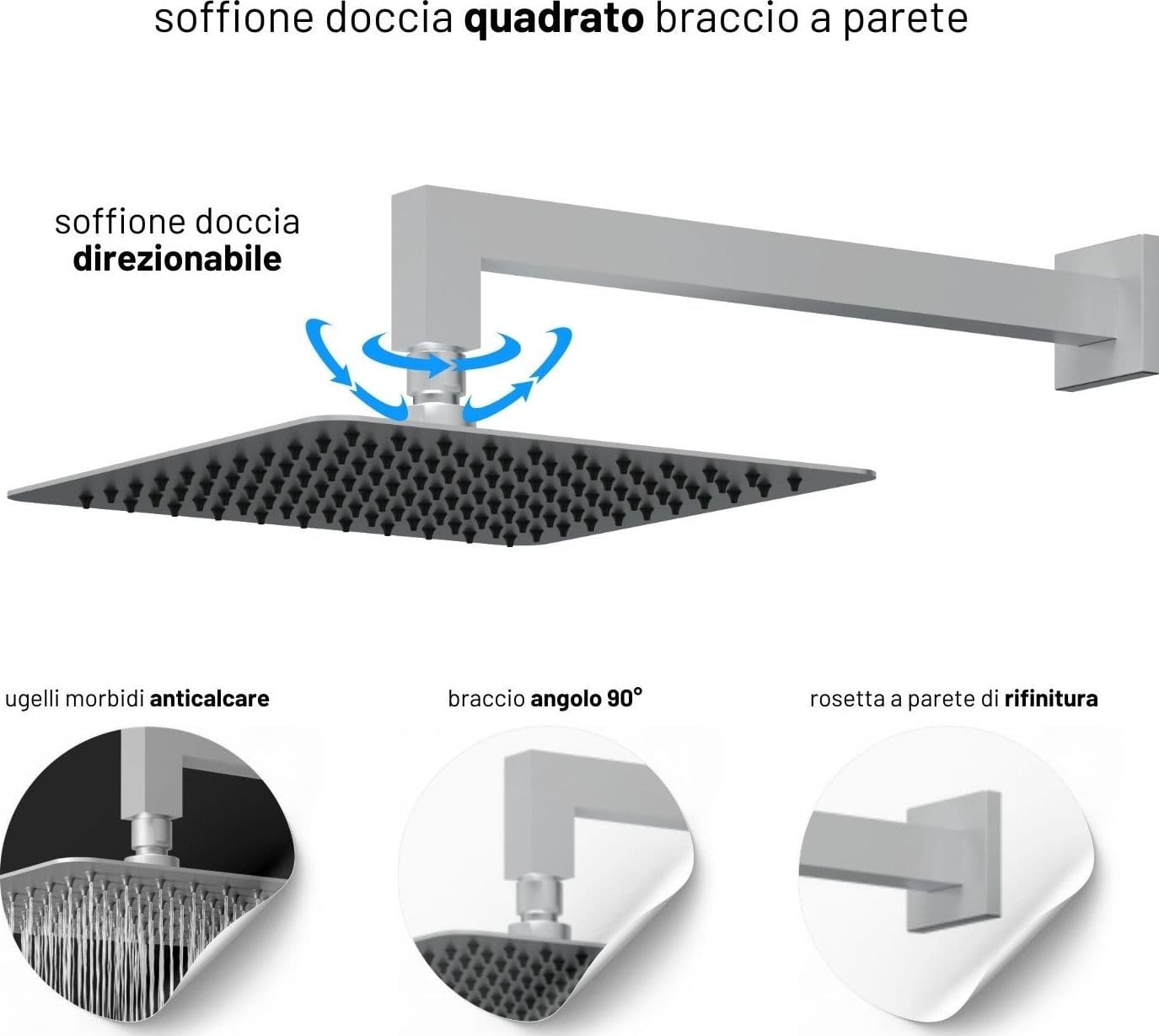 Set Per Doccia Soffione Quadro In Acciaio Inox 25x25 Centimetri Effetto Spazzolato - 3