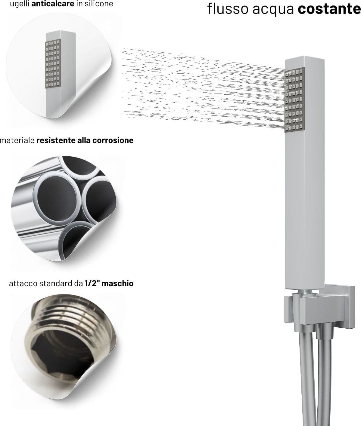 Set Per Doccia Soffione Quadro In Acciaio Inox 25x25 Centimetri Effetto Spazzolato - 5