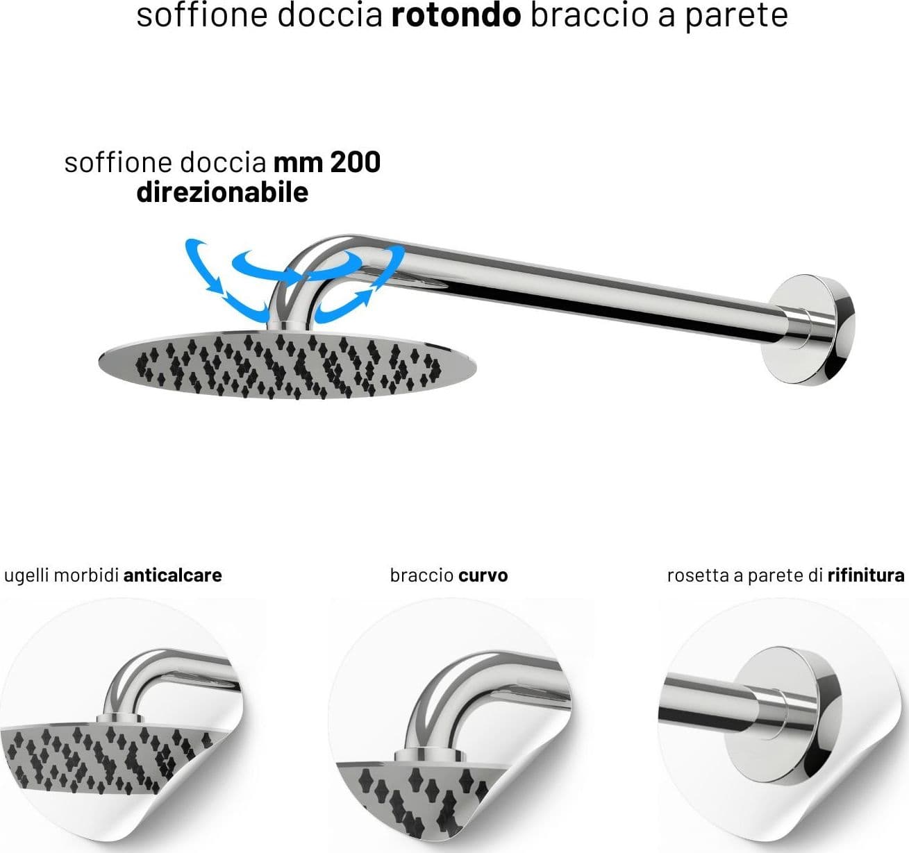 Set Per Doccia Soffione Tondo In Acciaio Inox 250 Millimetri - 3