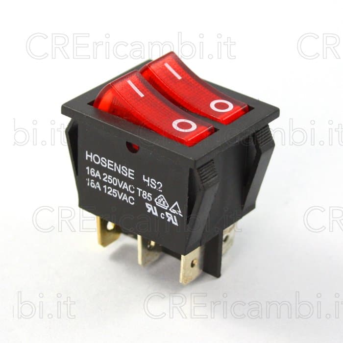 Interruttore Luminoso Doppio, Rosso, 16A, 26x21.5mm, 6 Faston da 6.3mm - 2
