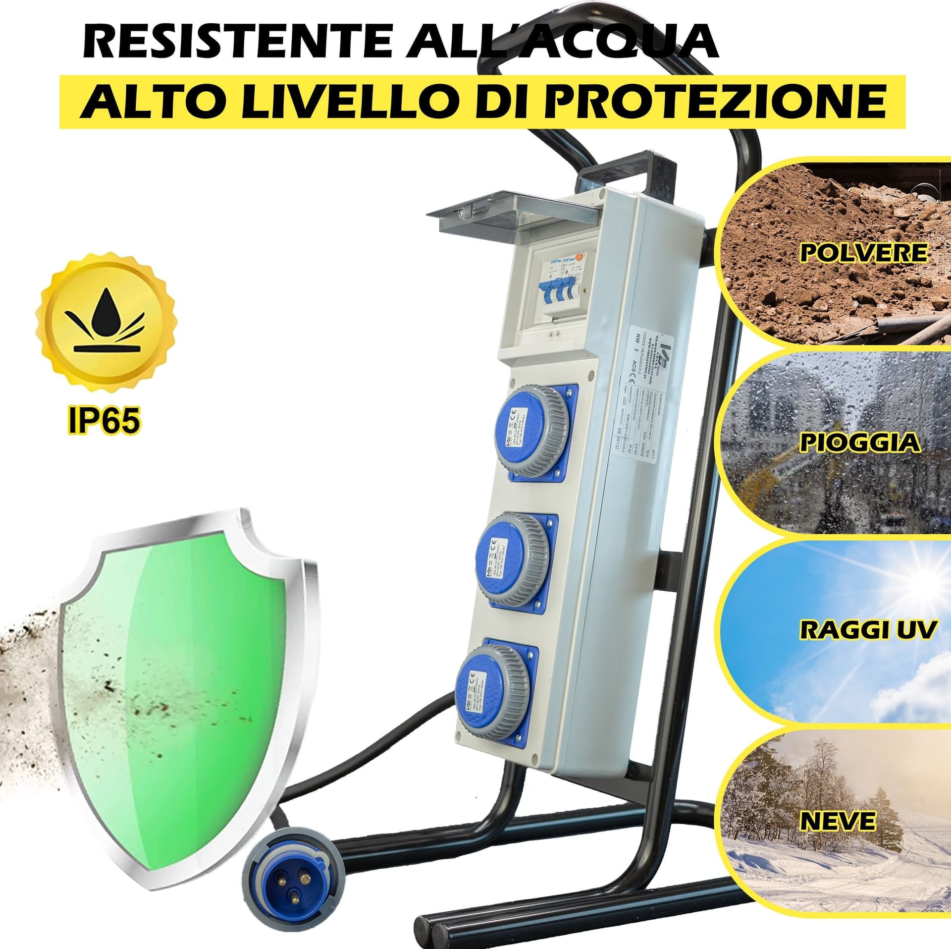 QUADRO TERMOP. 3 PRESE 2P+T 16A 230V IP67 + PULSANTE D'EMERGENZA + CAVALLETTO ACCIAIO - ElettroWatt.eu