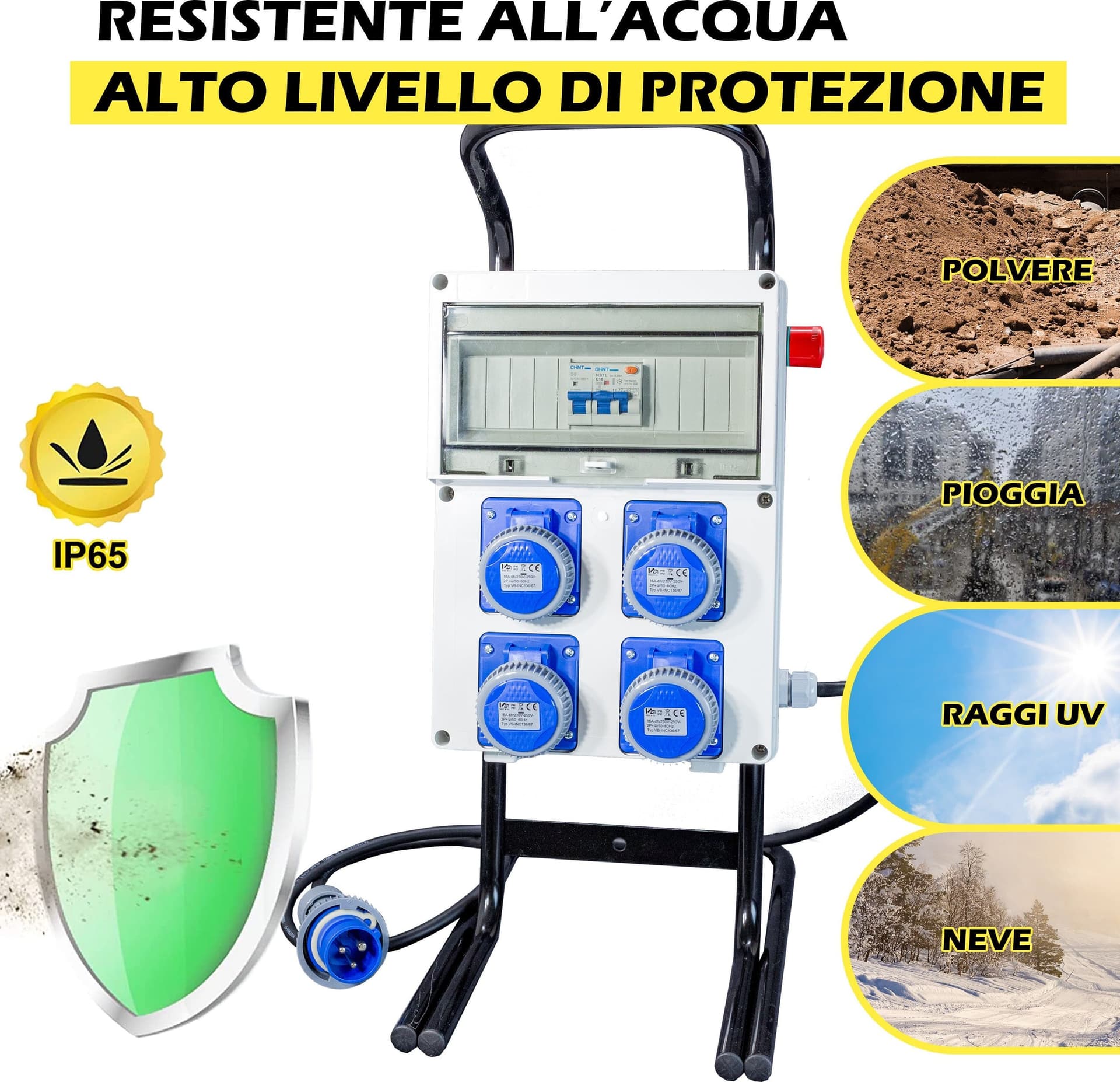 Quadro Elettrico di Distribuzione Industriale da Cantiere ASC Portatile su cavalletto - 4 Prese 220V 16A IP67 - Pulsante di Sicurezza a Fungo - Quadro Monofase 16A Con Supporto d'Acciaio - 3