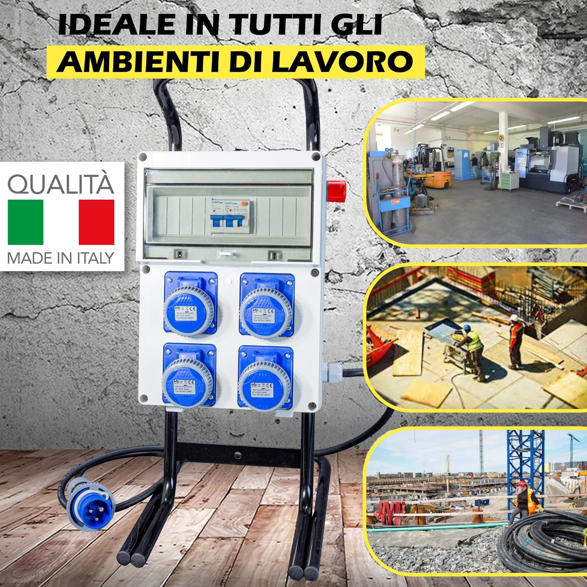 Quadro Elettrico di Distribuzione Industriale da Cantiere ASC Portatile su cavalletto - 4 Prese 220V 16A IP67 - Pulsante di Sicurezza a Fungo - Quadro Monofase 16A Con Supporto d'Acciaio - 4