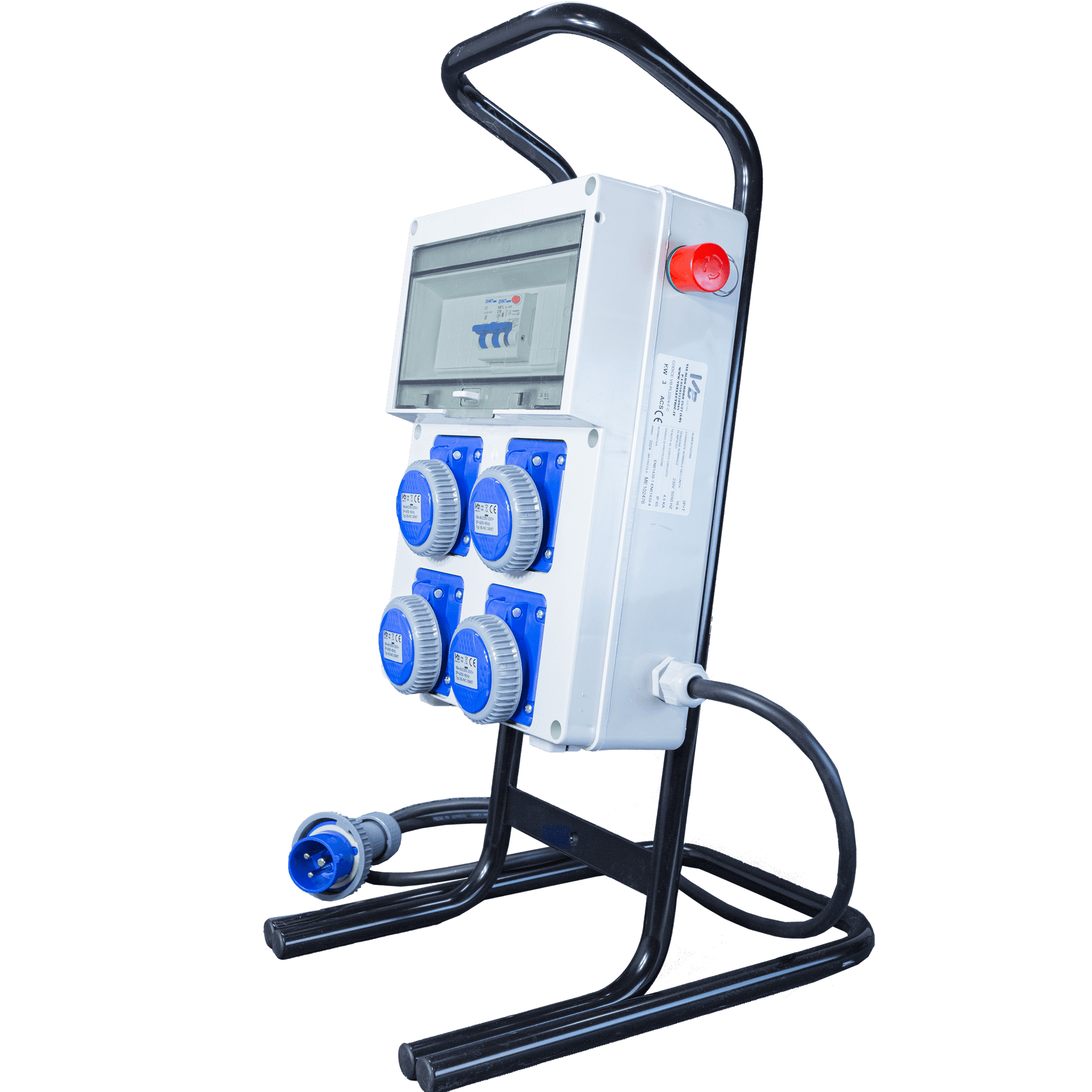 Quadro Elettrico di Distribuzione Industriale da Cantiere ASC Portatile su cavalletto - 4 Prese 220V 16A IP67 - Pulsante di Sicurezza a Fungo - Quadro Monofase 16A Con Supporto d'Acciaio - 5