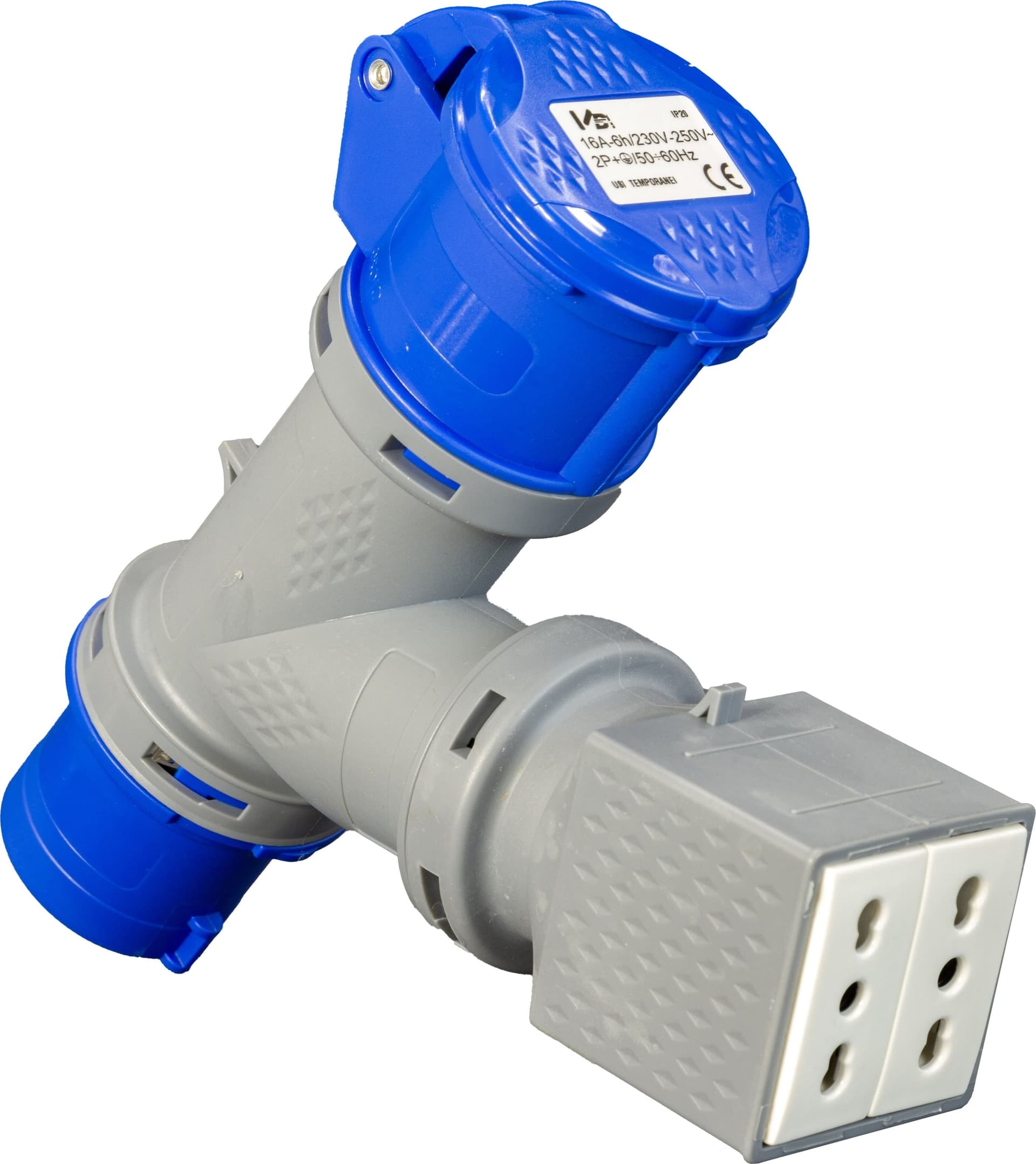 Adattatore Industriale monofase - Spina CEE 16A - 1 Presa CEE 16A e 2 Bipasso 16A 250V