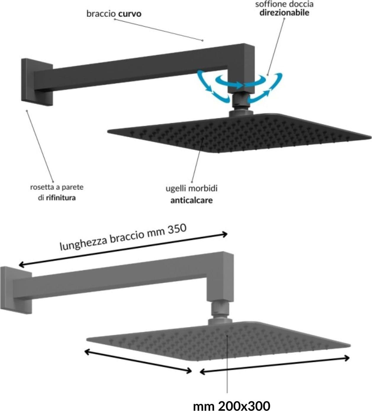 Set Per Doccia Rettangolare In Acciaio Inox Nero Opaco 20x30 centimetri - 4