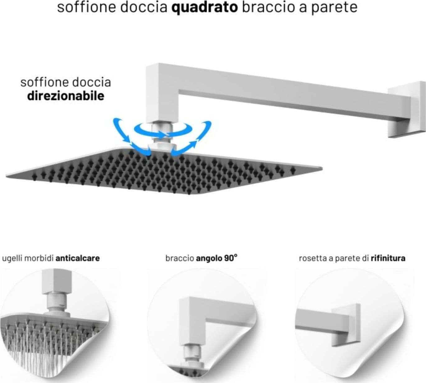 Set Per Doccia Soffione Quadro In Acciaio Inox 25x25 Millimetri Opaco - 4