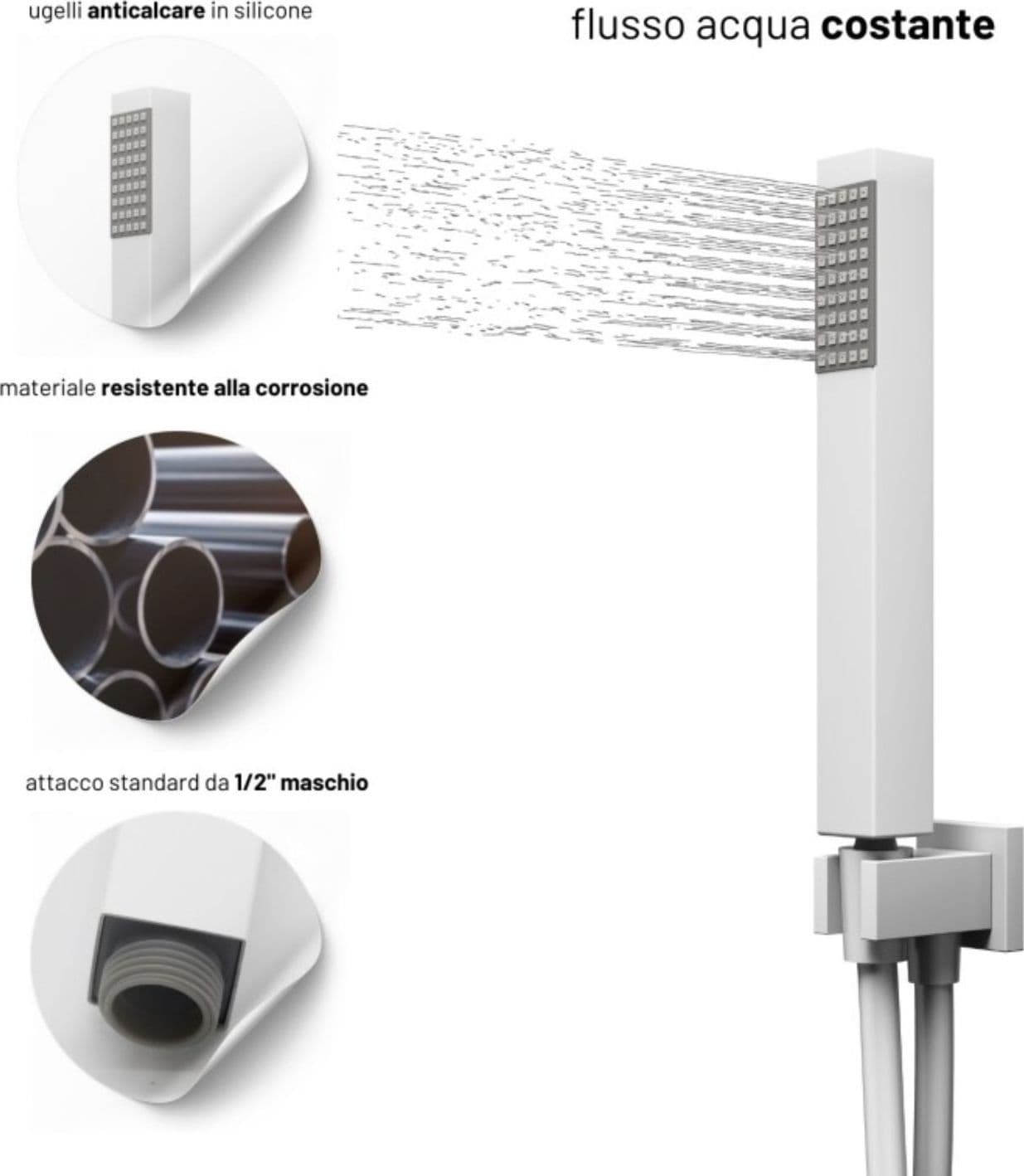 Set Per Doccia Soffione Quadro In Acciaio Inox 25x25 Millimetri Opaco - 6
