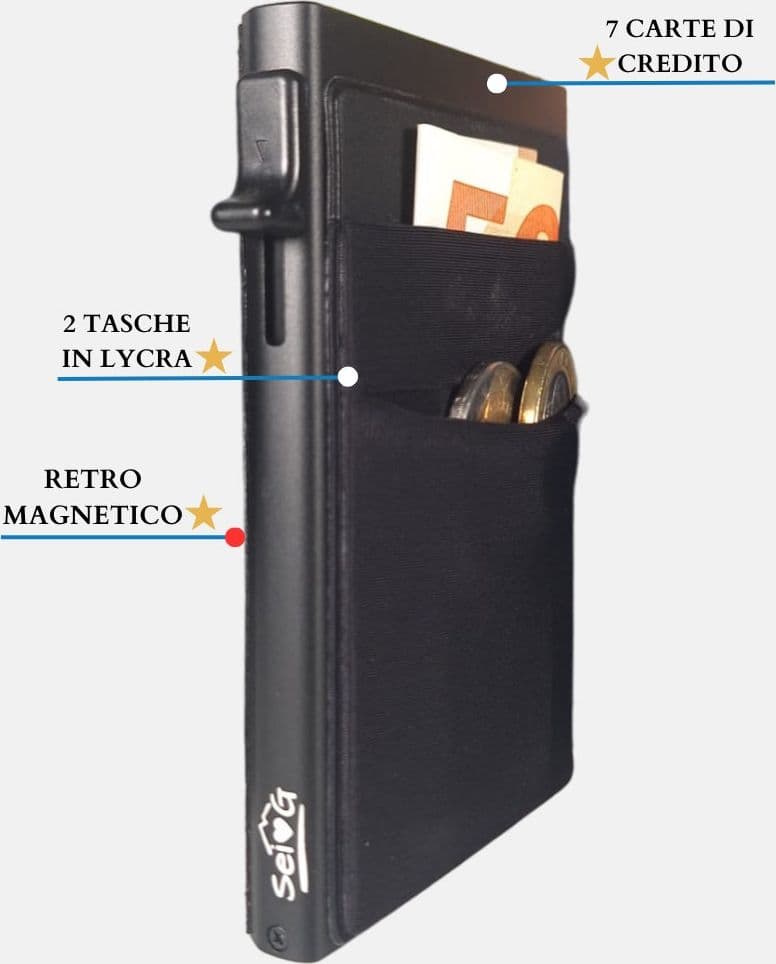 Sei G portacarte safe magnetic nero con custodia in pelle nera Portafogli SEI G